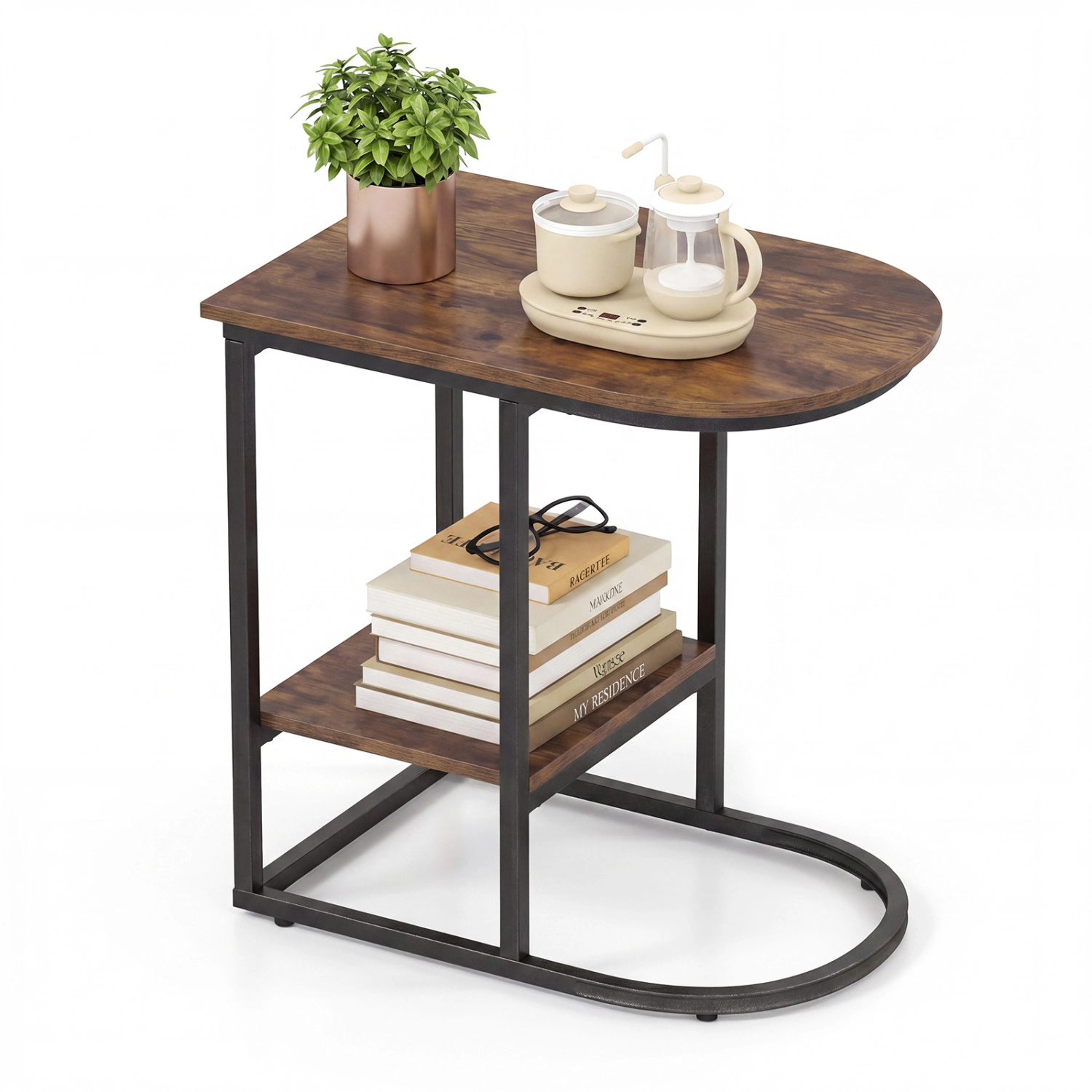 Glintex C-Shaped Faux Marble Side Table with 1-Inch Low-Profile Base, Rustic Brown