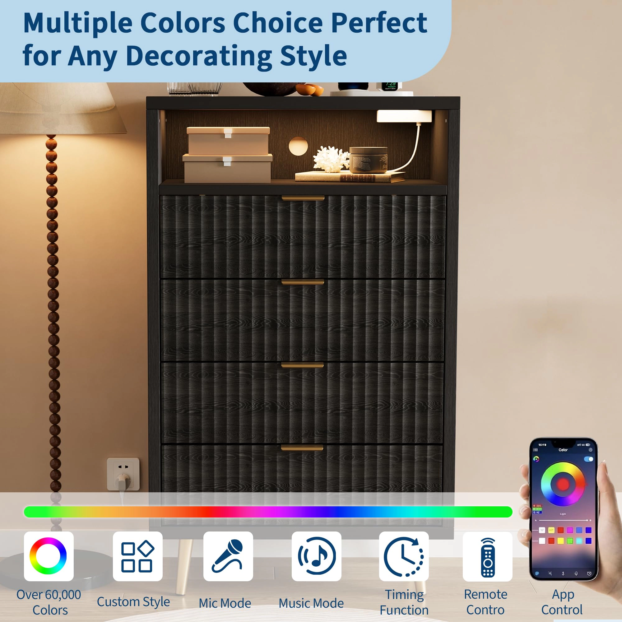 4-Drawer Dresser with Charging Station and RGB LED Lights, Storage Chest Open Compartment Gold Handles