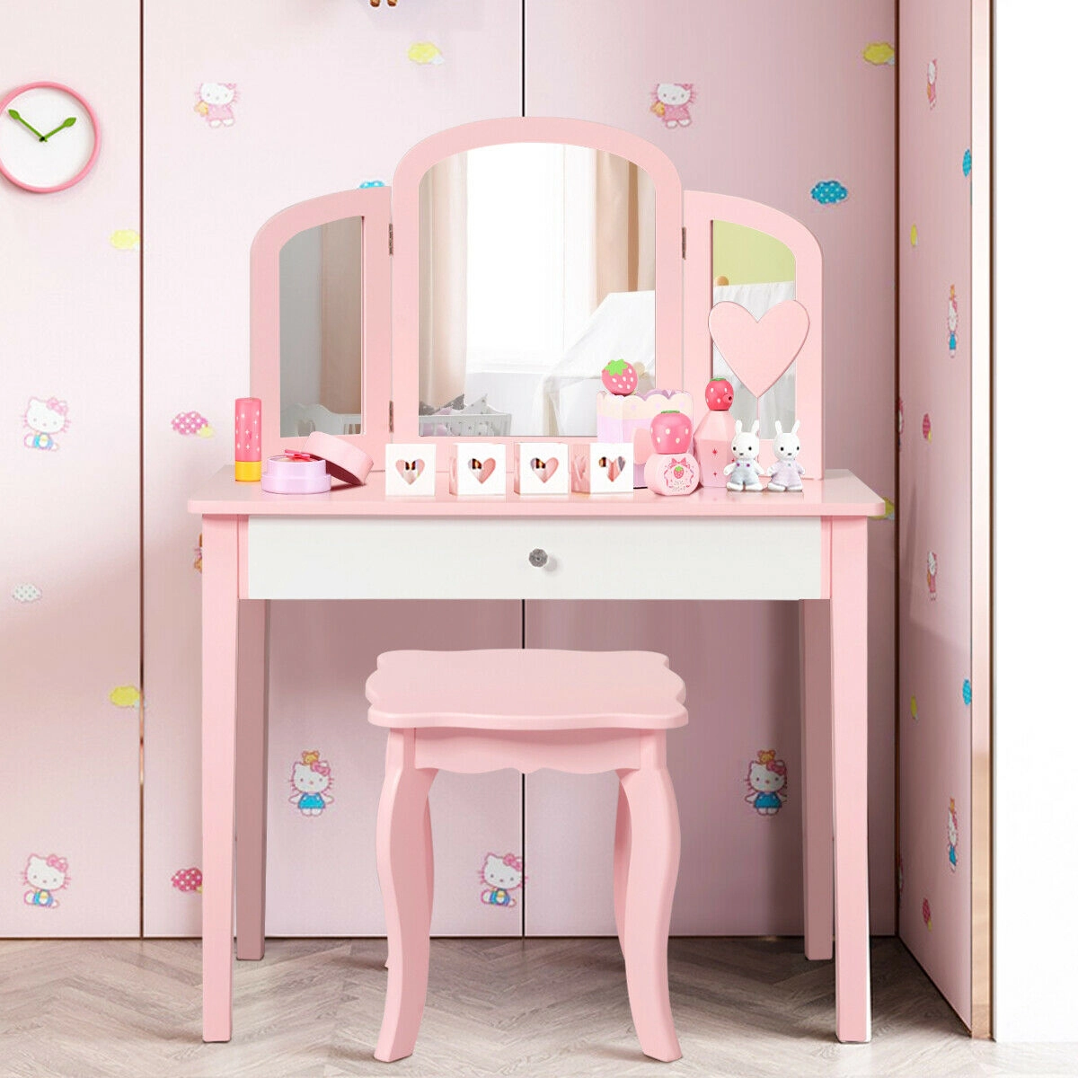 SUGIFT Pink Tri-Folding Mirror and Stool Kids Princess Makeup Dressing Table
