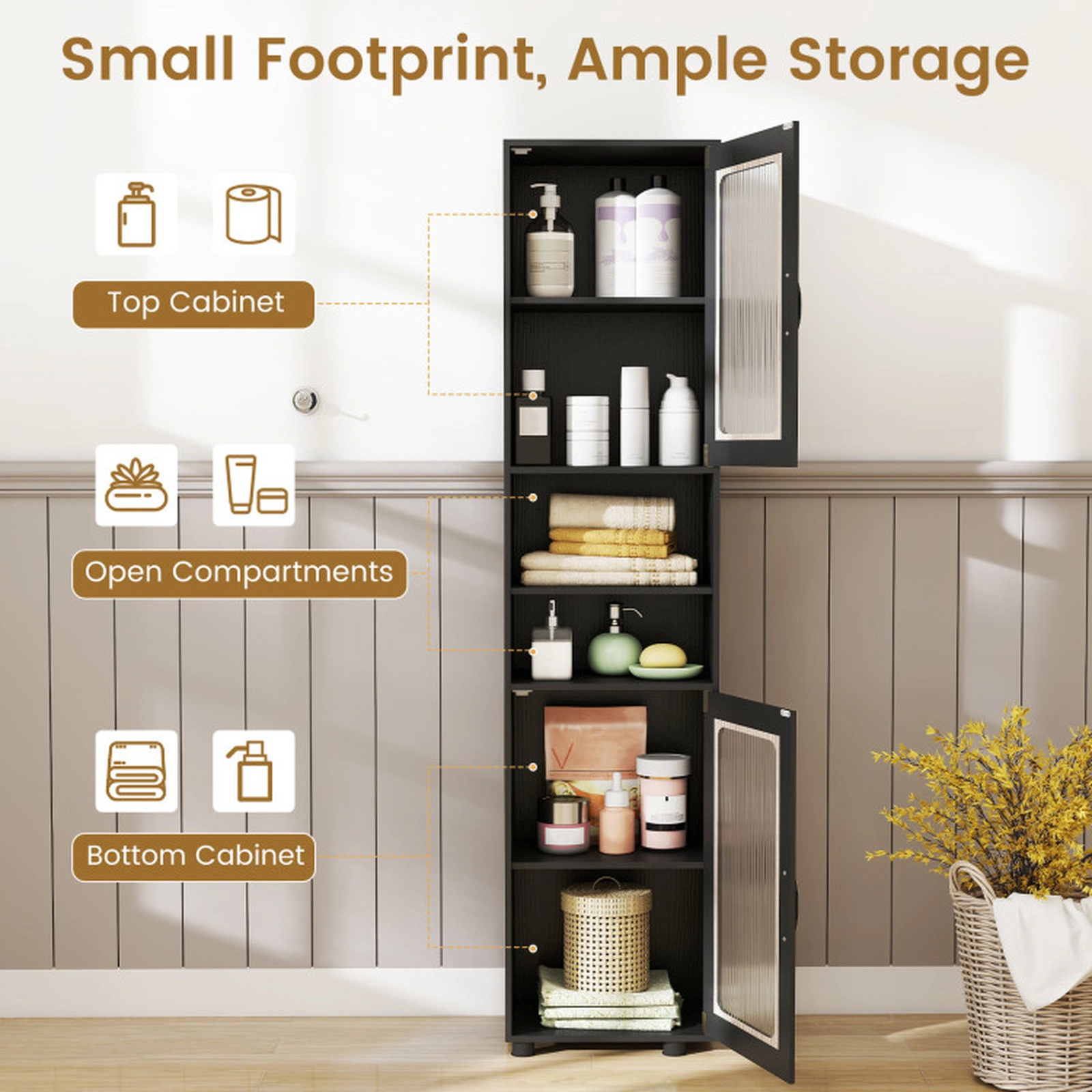 SUGIFT Tall Freestanding Bathroom Storage Cabinet 67-in Organizer 155-lb Capacity Black