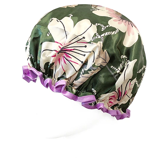 Wrapables Reusable Women's Waterproof Shower Caps for Long Hair, Lilies Green