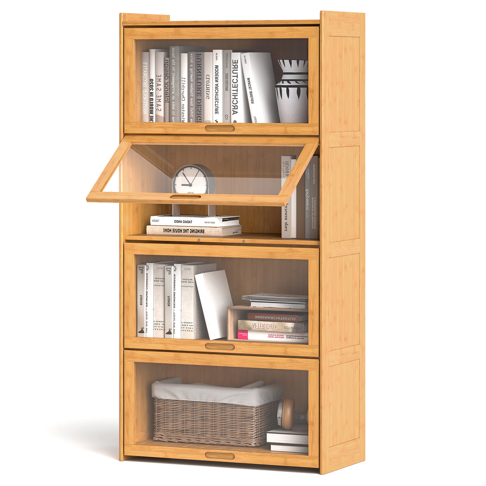 SUGIFT 4-Tier Bamboo Bookcase Acrylic Flip Doors 65-lb Tier Capacity 27-in Wide 55-in Tall Brown/Natural 2-Cube Per Tier