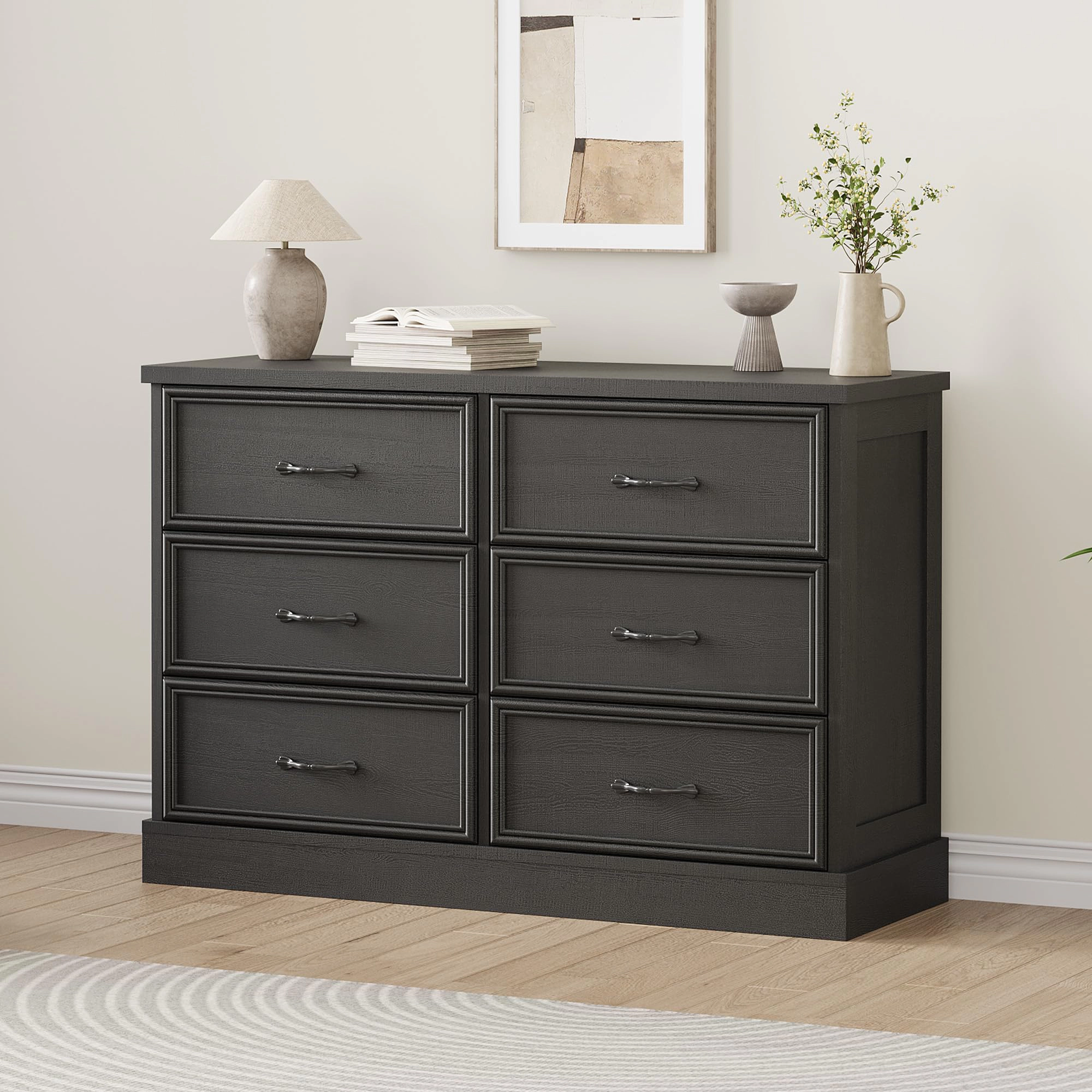 6 Drawer Wooden Dresser, 47" Wide Chest with Large Storage Drawers for Bedroom or Living Room