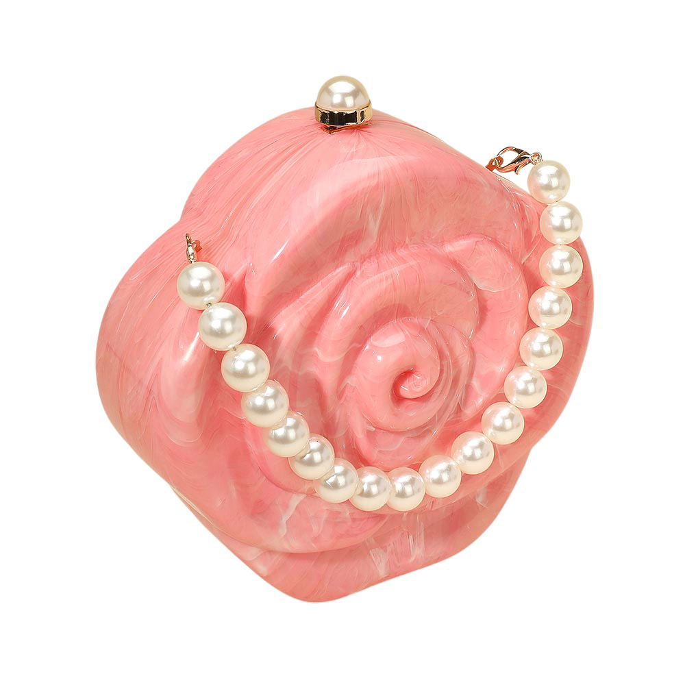 FASHNZFAB Pearl Beaded Handle Rose Clutch Bag Crossbody Bag