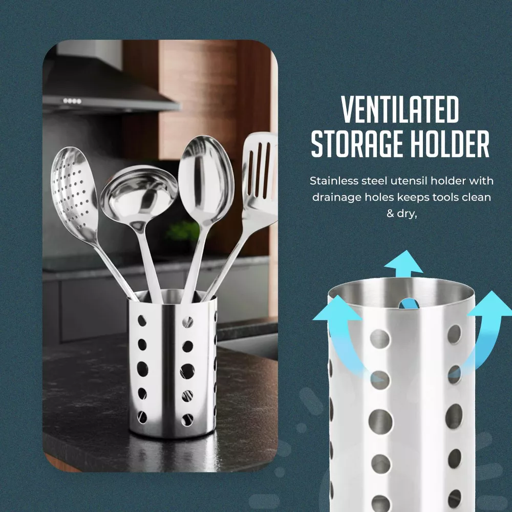 Luminuxe Stainless Steel Kitchen Utensil Set w/ Holder, 5pc Heat Resistant Kitchen Tools w Ladle Skimmer & Serving Spoon