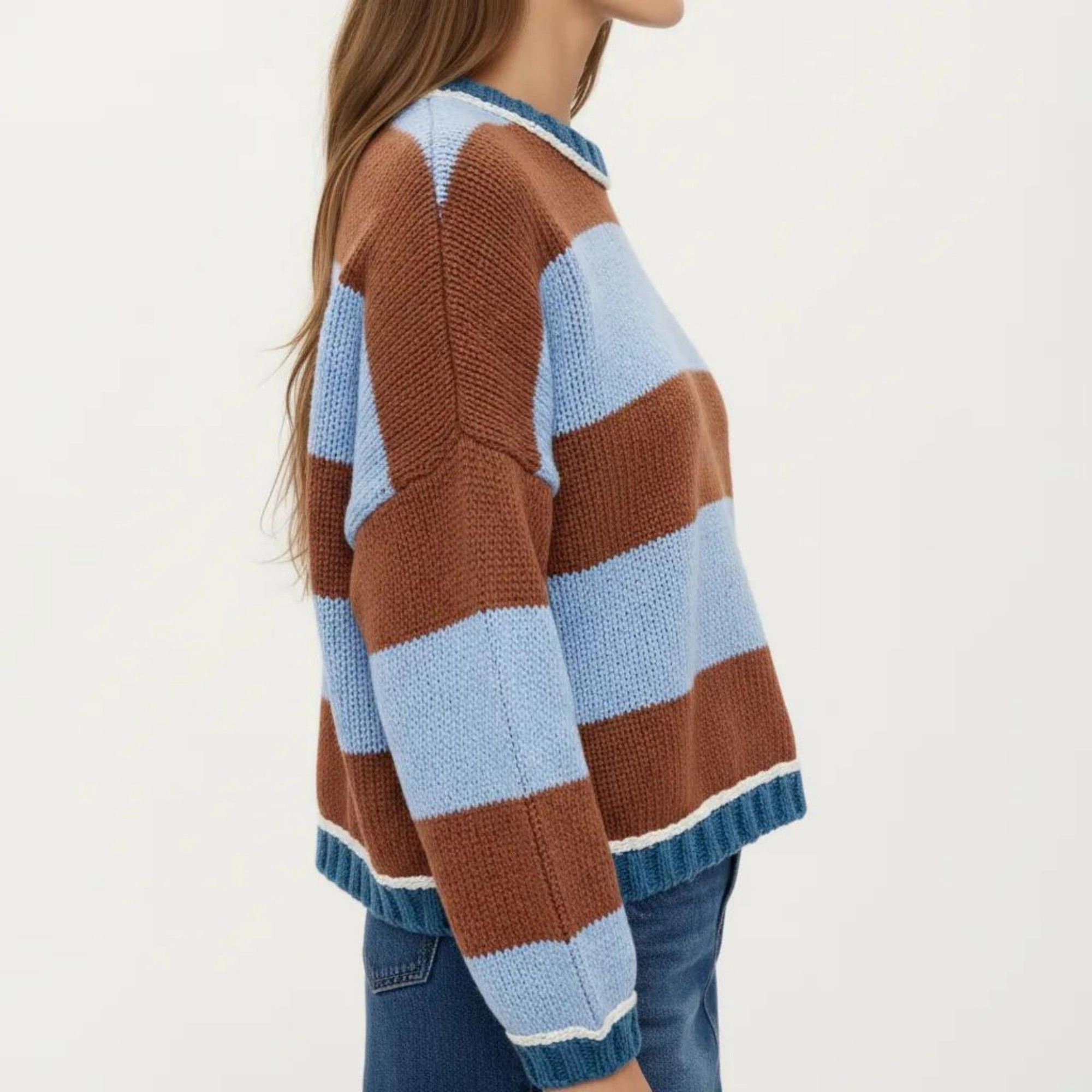Anna-Kaci Women's Striped Knit Sweater with Color Block Design, Ribbed Trim and Relaxed Drop Shoulder Fit