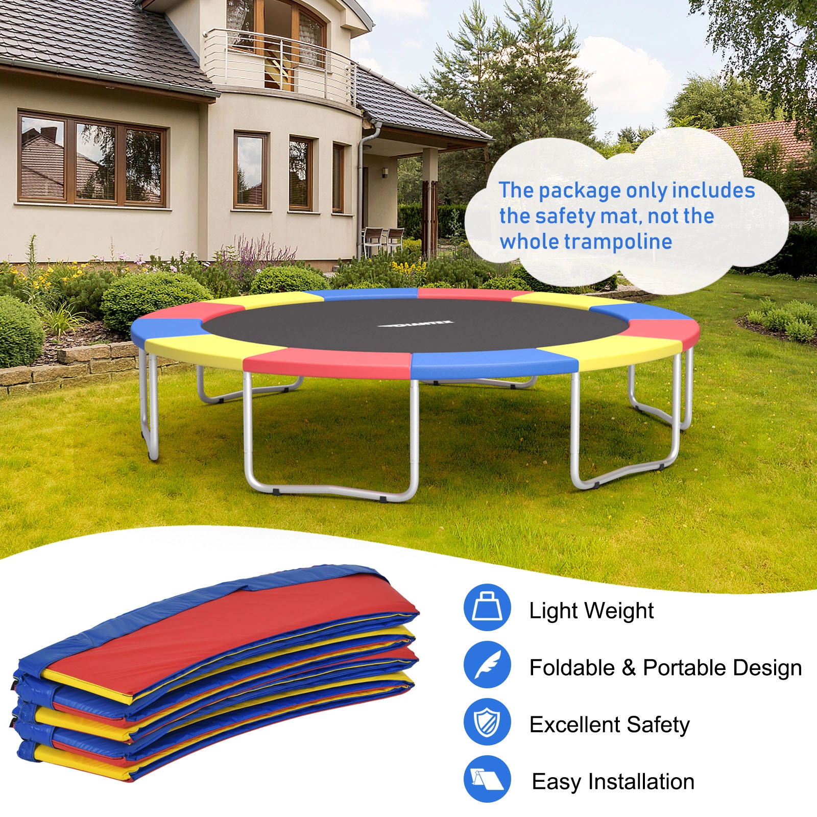 15-ft Trampoline Pad Replacement Weatherproof Spring Cover 11.8-in Padded Top 4-in Skirt Elastic Ties Multicolor