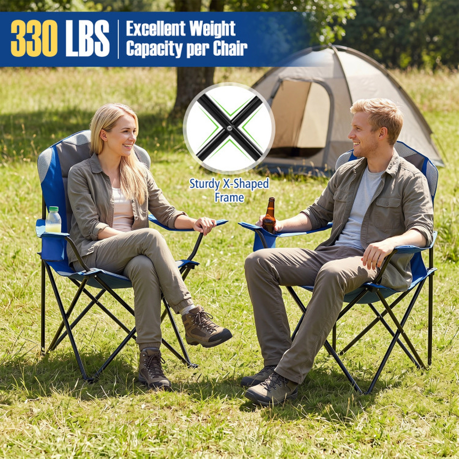 SUGIFT 2 Pieces Folding Camping Chairs for Adults with Cup Holders 330-lb Capacity 36.5-in Tall Navy Blue and Gray