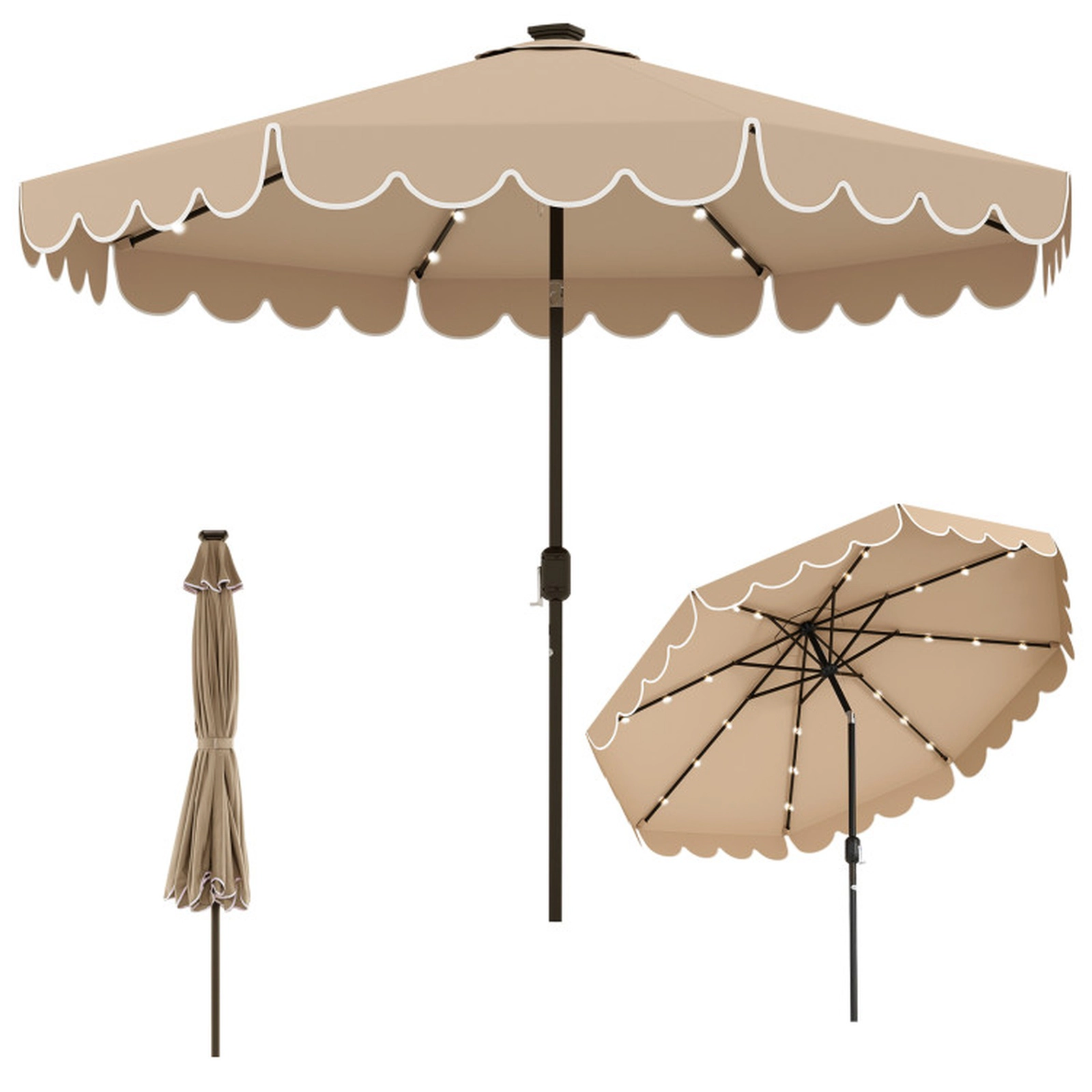 SUGIFT Solar Patio Umbrella with 24 LED Lights 10-ft Coffee