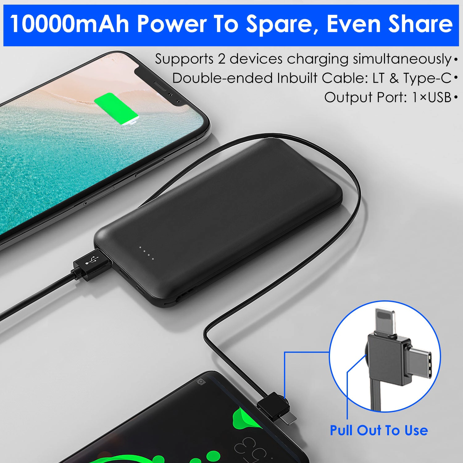 GBruno 10000mAh Dual-Cable Power Bank