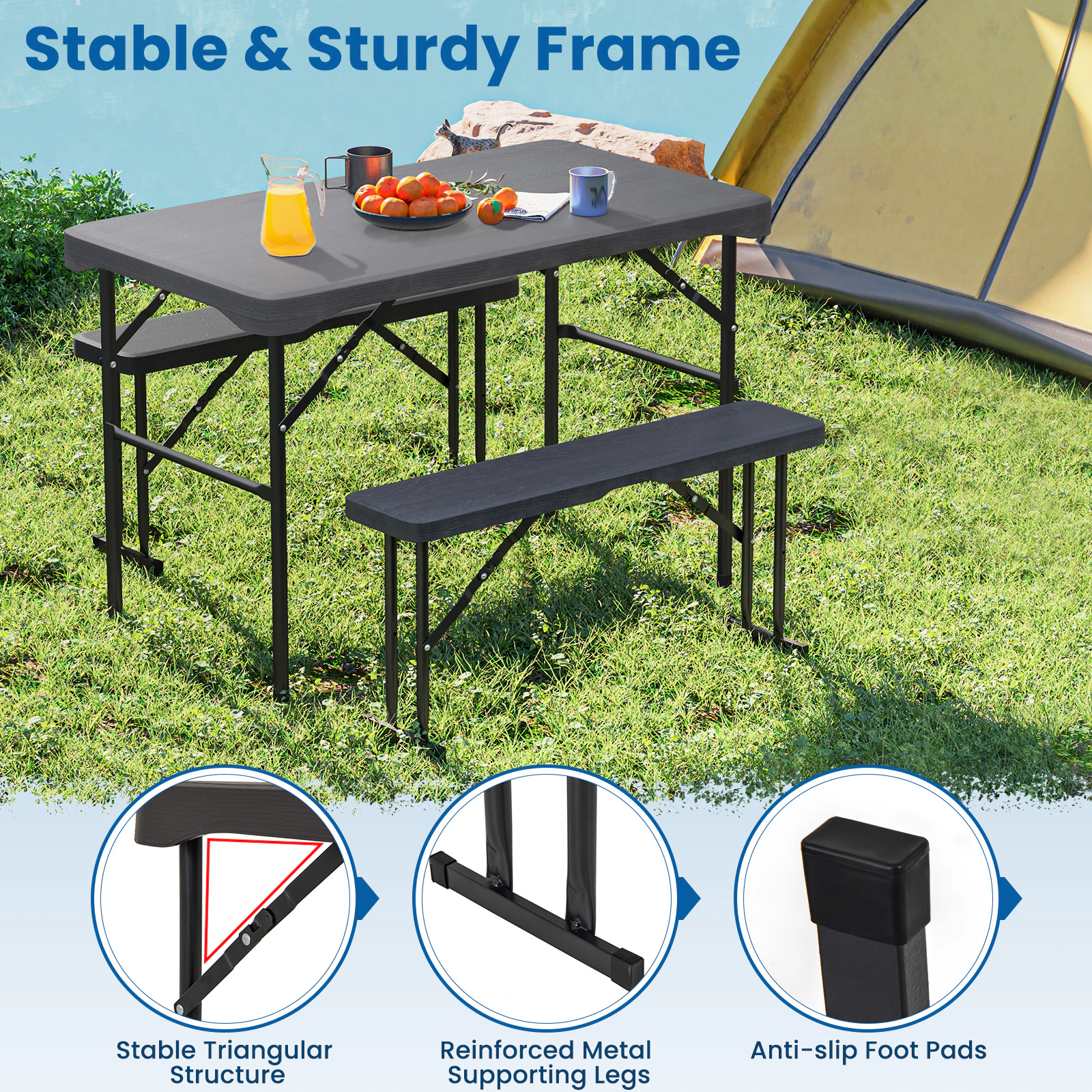 SUGIFT Outdoor Folding HDPE Table and Bench Dining Set 265-lb Table 400-lb Benches Black