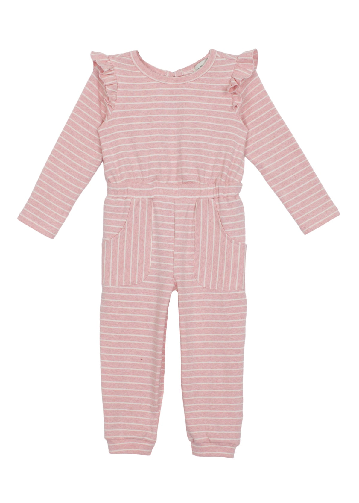Mabel and Honey Jada Knit Romper - Long Sleeve Ruffle Shoulder Striped Jumpsuit