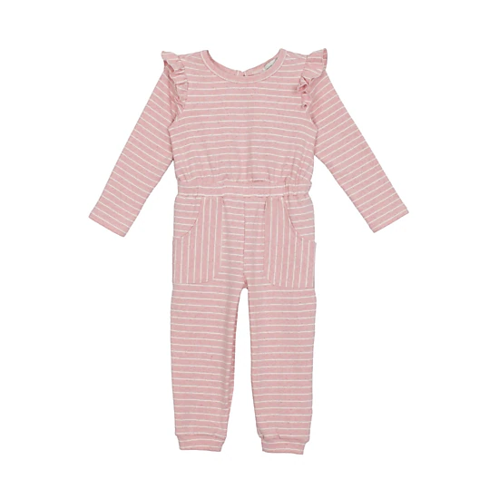 Mabel and Honey Jada Knit Romper - Long Sleeve Ruffle Shoulder Striped Jumpsuit