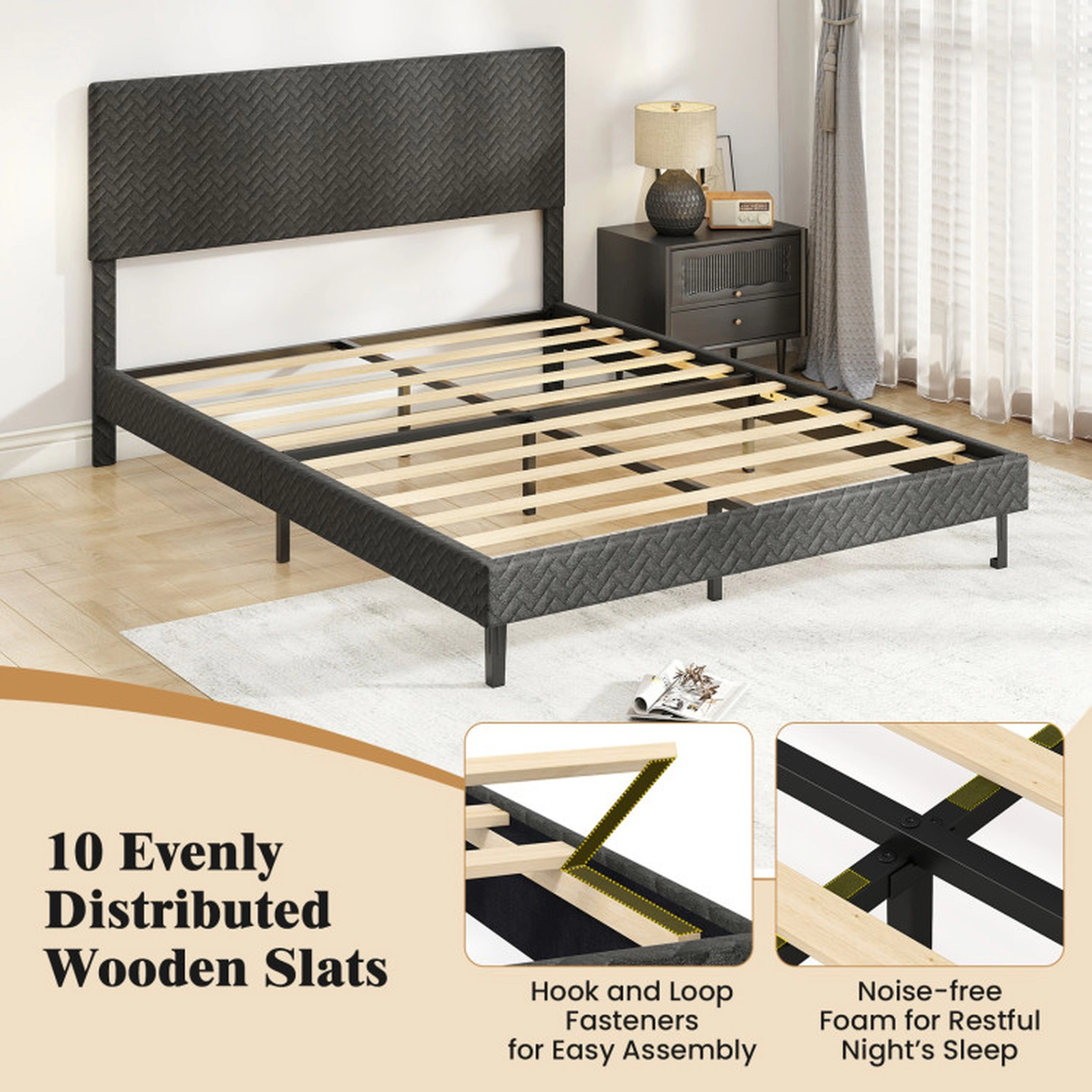 SUGIFT Gray Adjustable Chevron Headboard Queen Size Velvet Upholstered Platform Bed