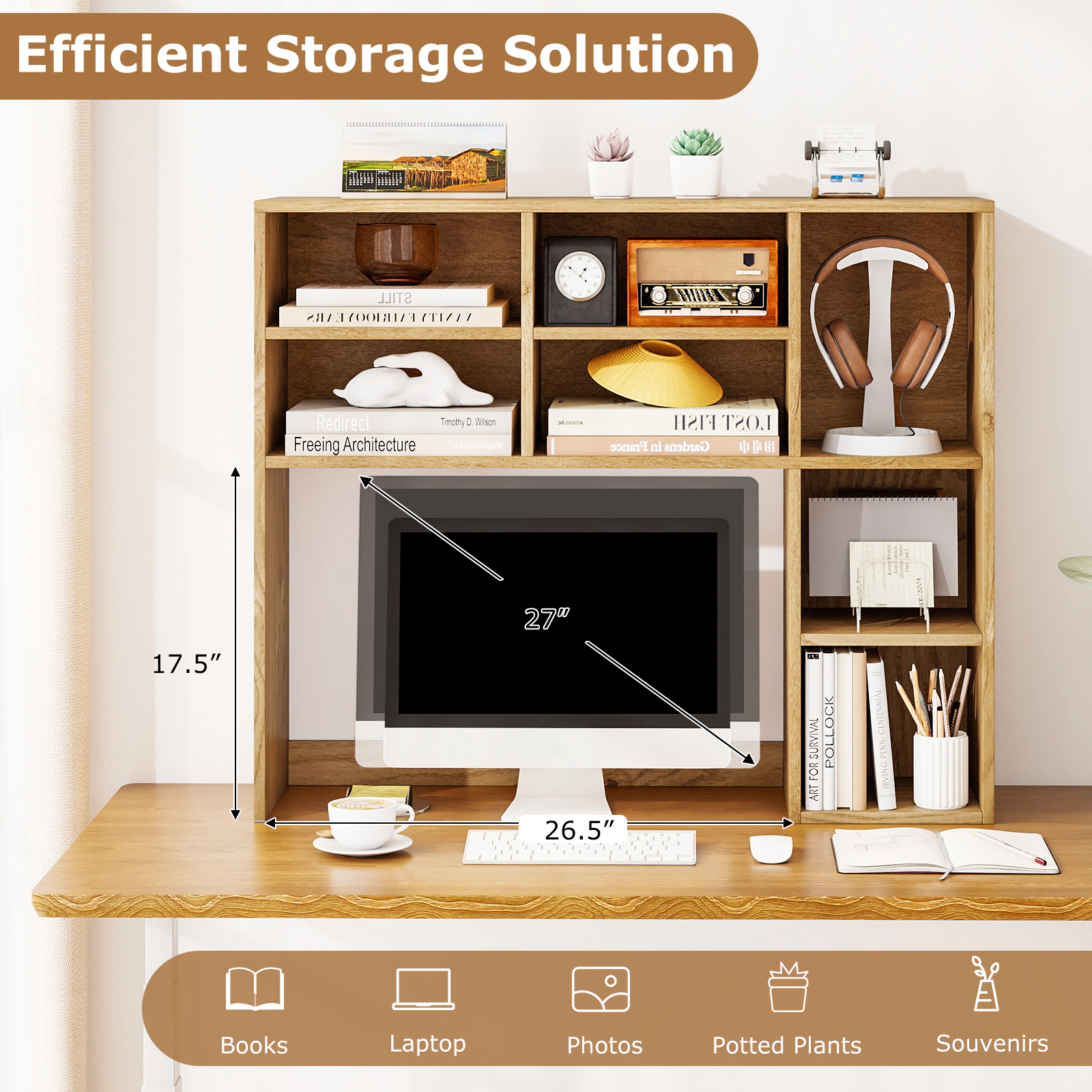 SUGIFT Desktop Bookshelf with 7 Open Cubbies and 3 Adjustable Shelves 210-lb Capacity 37-in Wide Natural Brown White