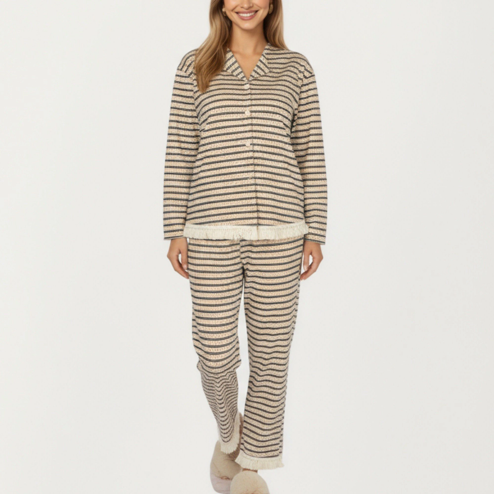 Anna-Kaci Women's 2-Piece Long Sleeve Button Front Top with Built-In Chest Pads and Relaxed Fit Pants Pajama Set