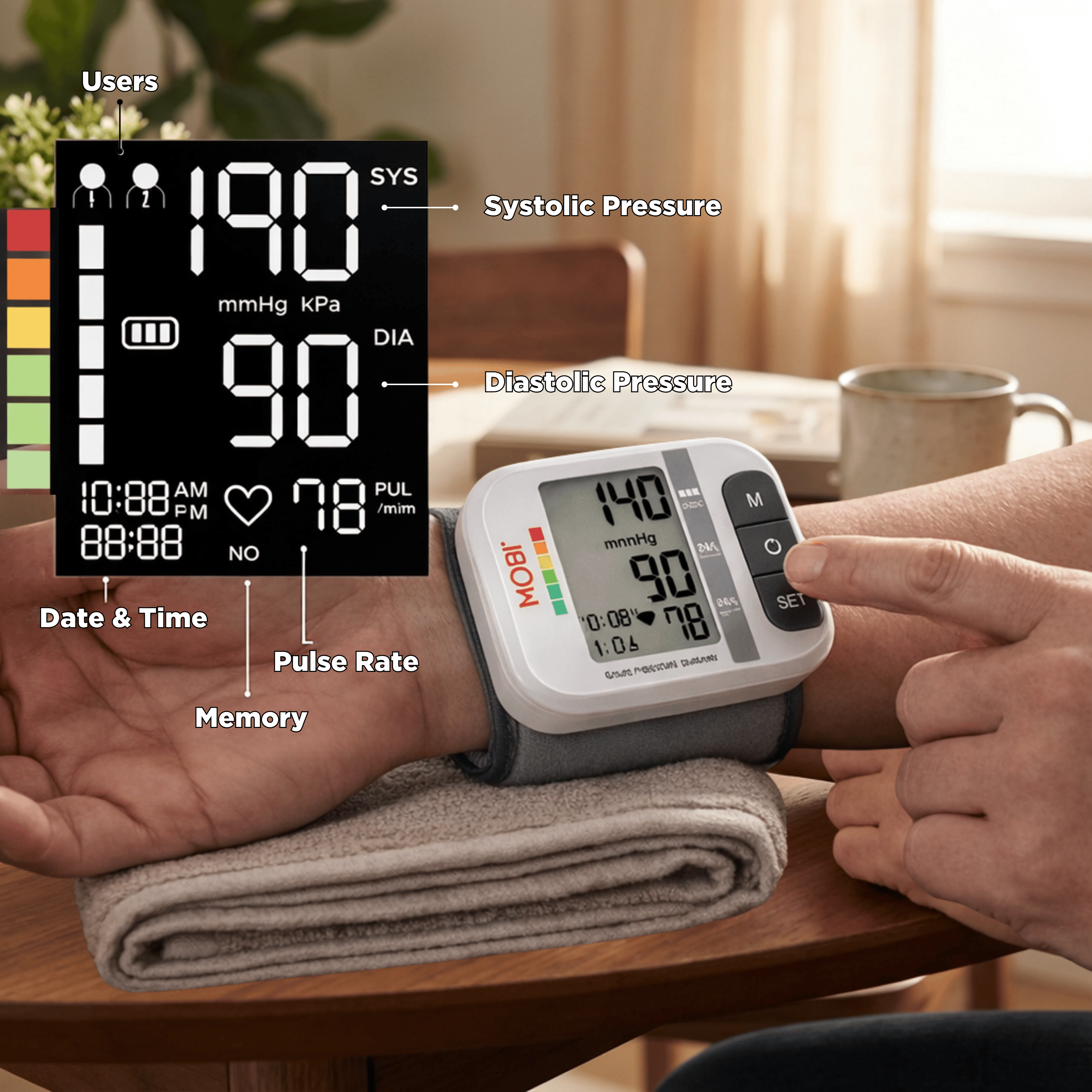 MOBI Wrist Blood Pressure Monitor with Large LCD & Auto Memory
