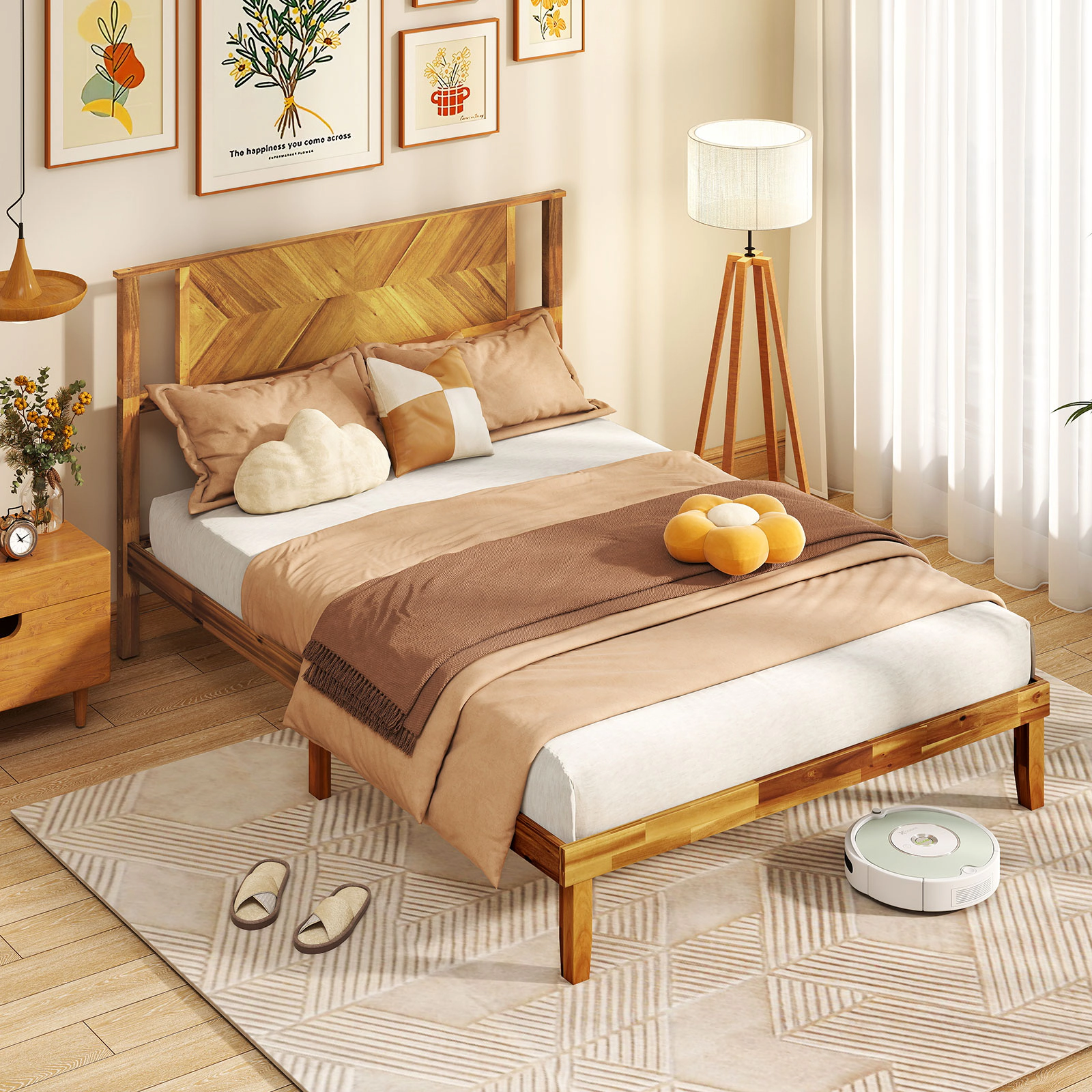 SUGIFT Full Platform Bed Frame, Acacia Wood, Curved Retro Headboard, 800-lb Capacity, Golden Brown