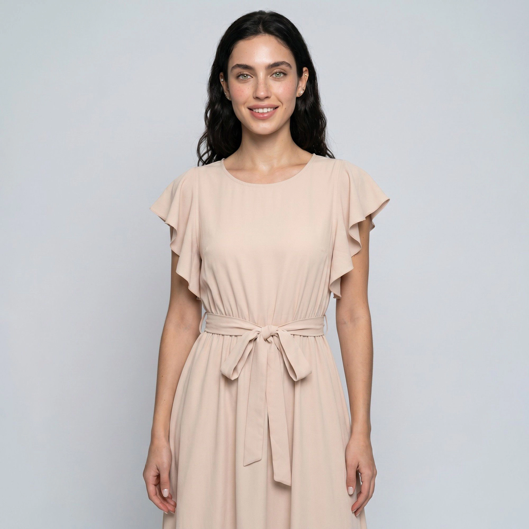 Anna-Kaci Women's Flutter Sleeve Tie Waist Round Neck A-Line Skirt Gathered Midi Dress