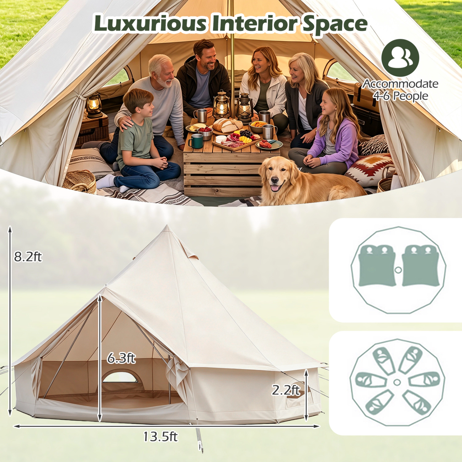 LJG Waterproof Bell Tent with Stove Jack Accommodates and Mesh Windows Doors