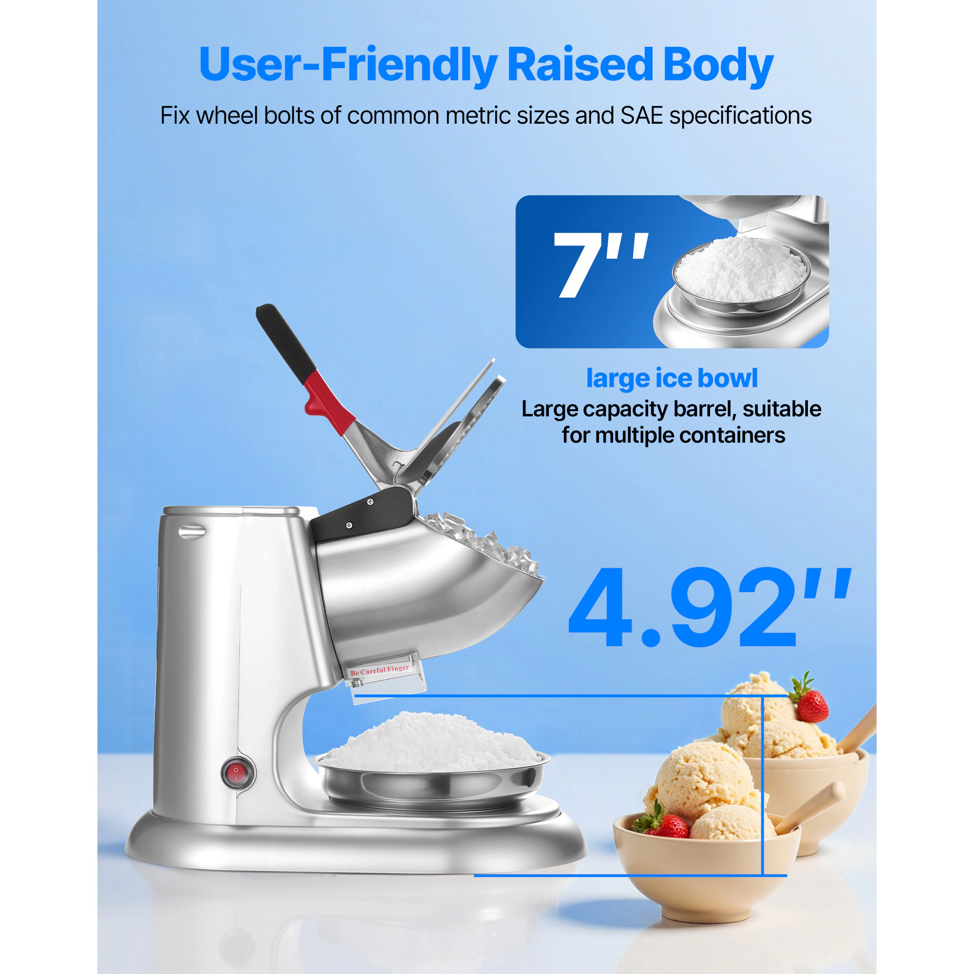 HONGGE Ice Crusher Machine Per Hour Electric 4 Blades Snow Cone Maker Stainless Steel Shaved Ice Machine with Bowl and