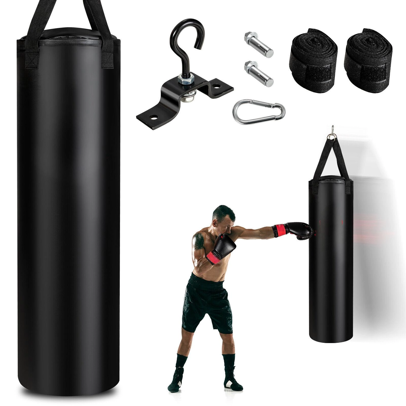SUGIFT Black 63-lb Adult Filled Punching Bag Set with Boxing Gloves and Hand Wraps 12-in W 12-in D 39.5-in H