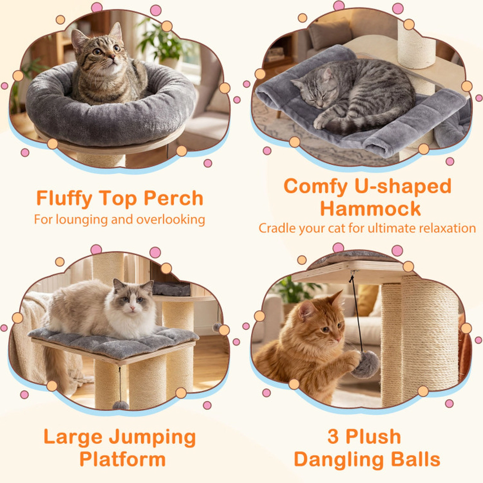 SUGIFT 68.5 4-Layer Wooden Cat Tree with Condo Ladder and Dangling Balls