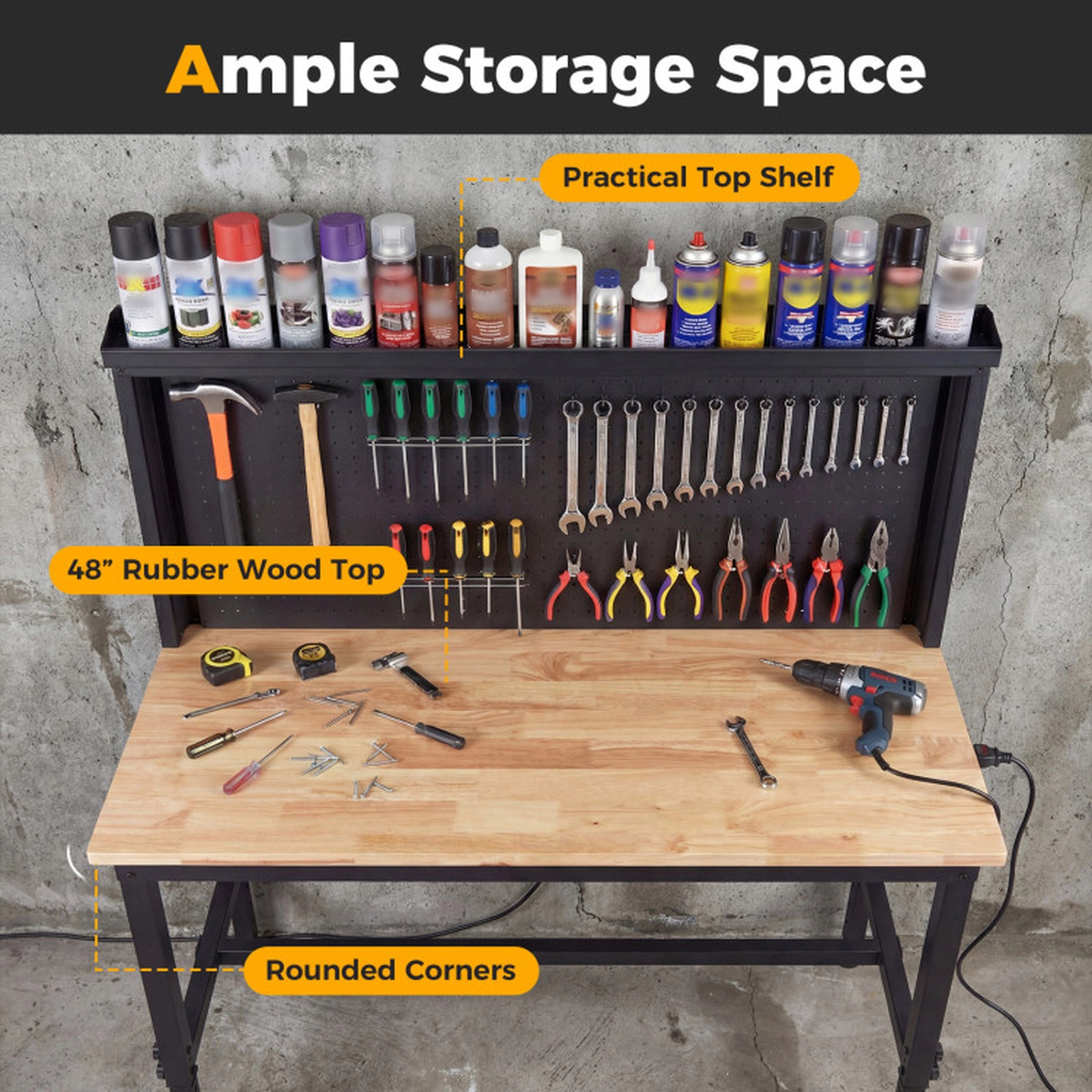 SUGIFT 48-in 2000-lb Capacity Rubber Wood Workbench with 4 AC Outlets 2 USB Ports and Pegboards