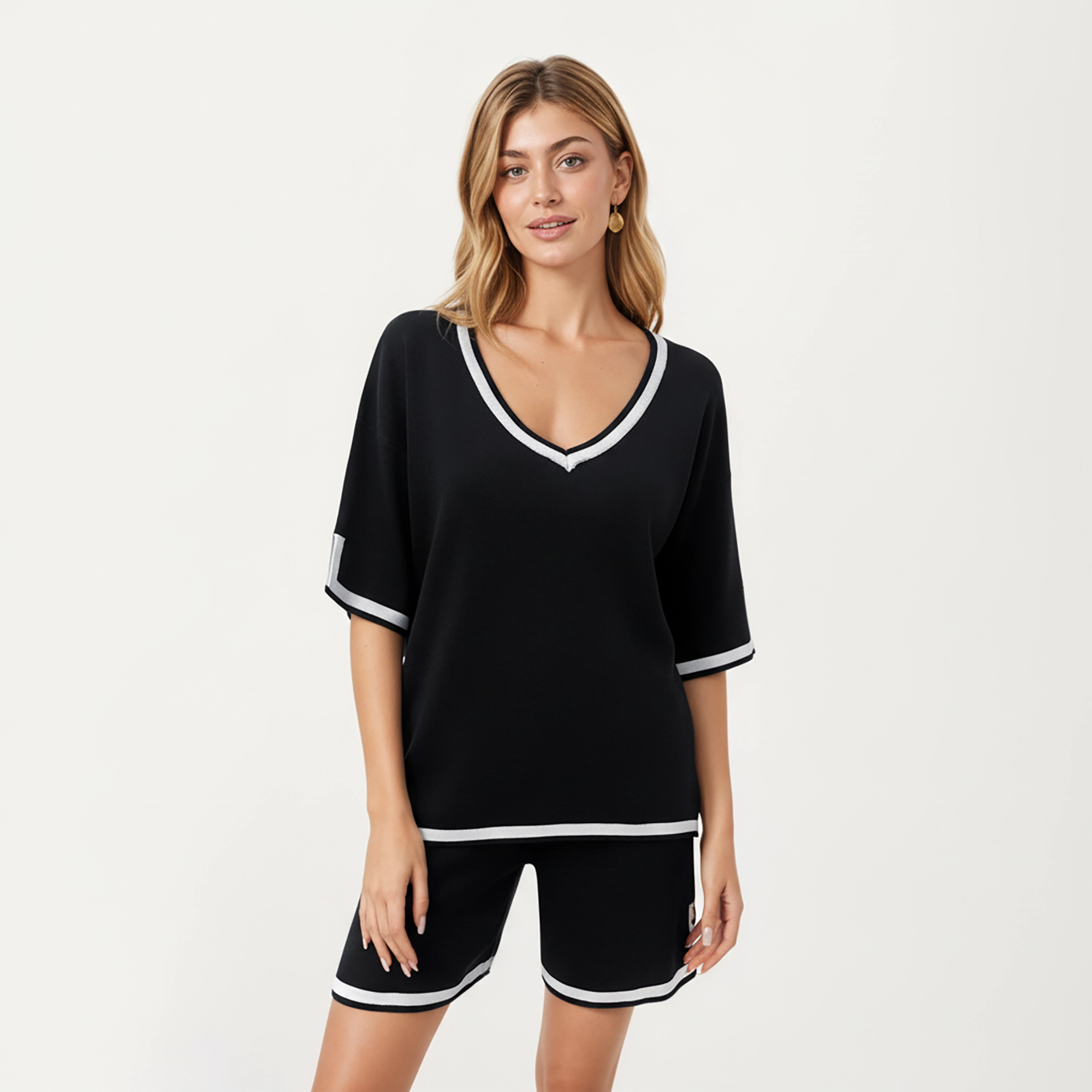 Anna-Kaci Women's Knit Lounge Set with V-Neck Top and Drawstring Shorts Featuring Contrast Trim
