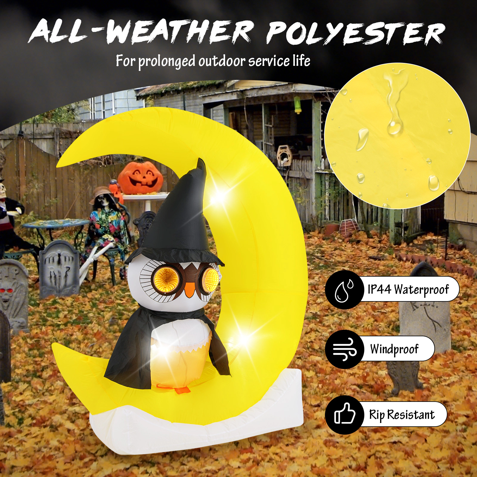 Glintex Inflatable Owl on Crescent Moon with Tunnel Eye Lights and IP44 Rating, Multicolor