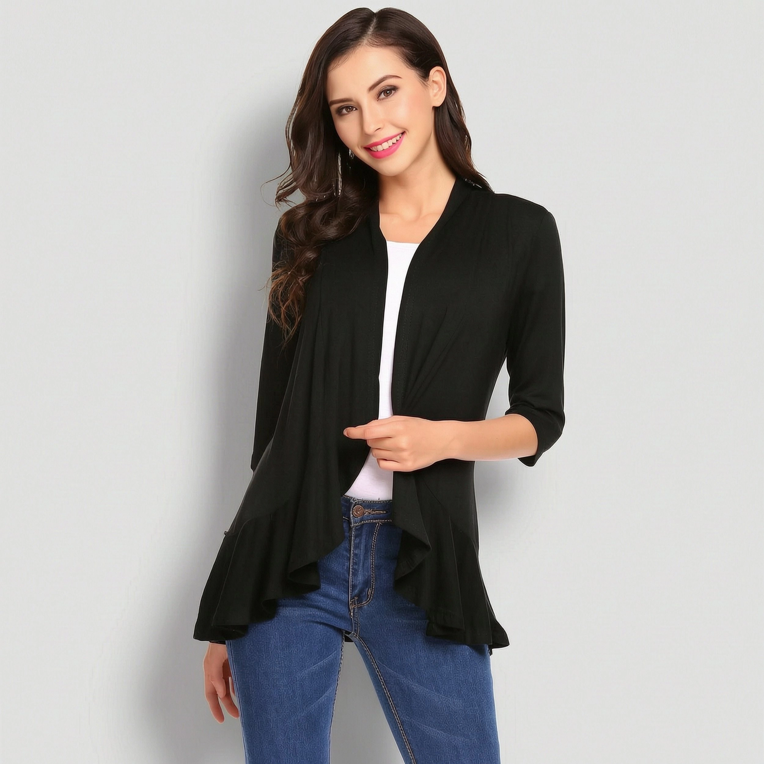 Zeagoo Women's Open Front 3/4 Sleeve Draped Ruffles Knit Cardigan
