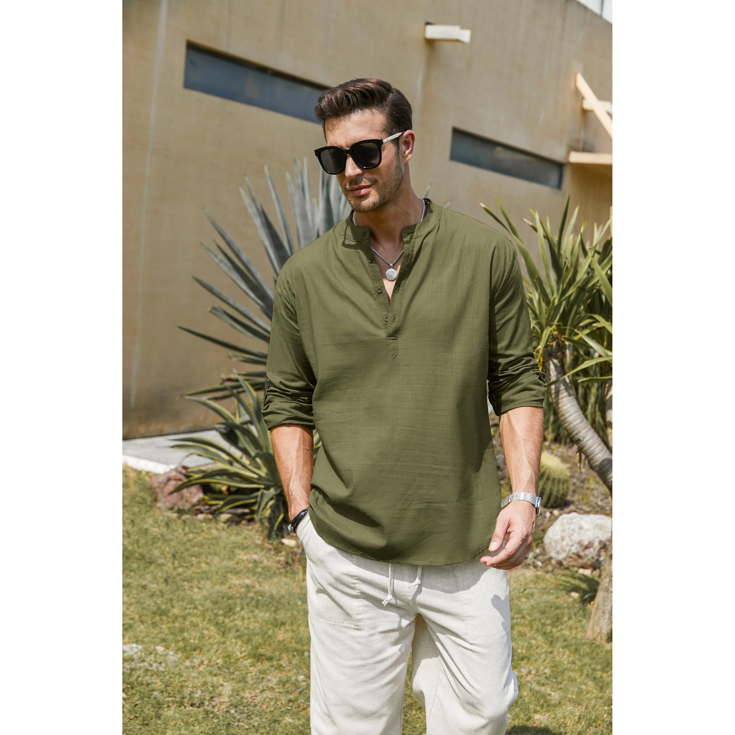 COOFANDY Men's Regular Fit Lightweight Linen Long Sleeve Henley Shirt