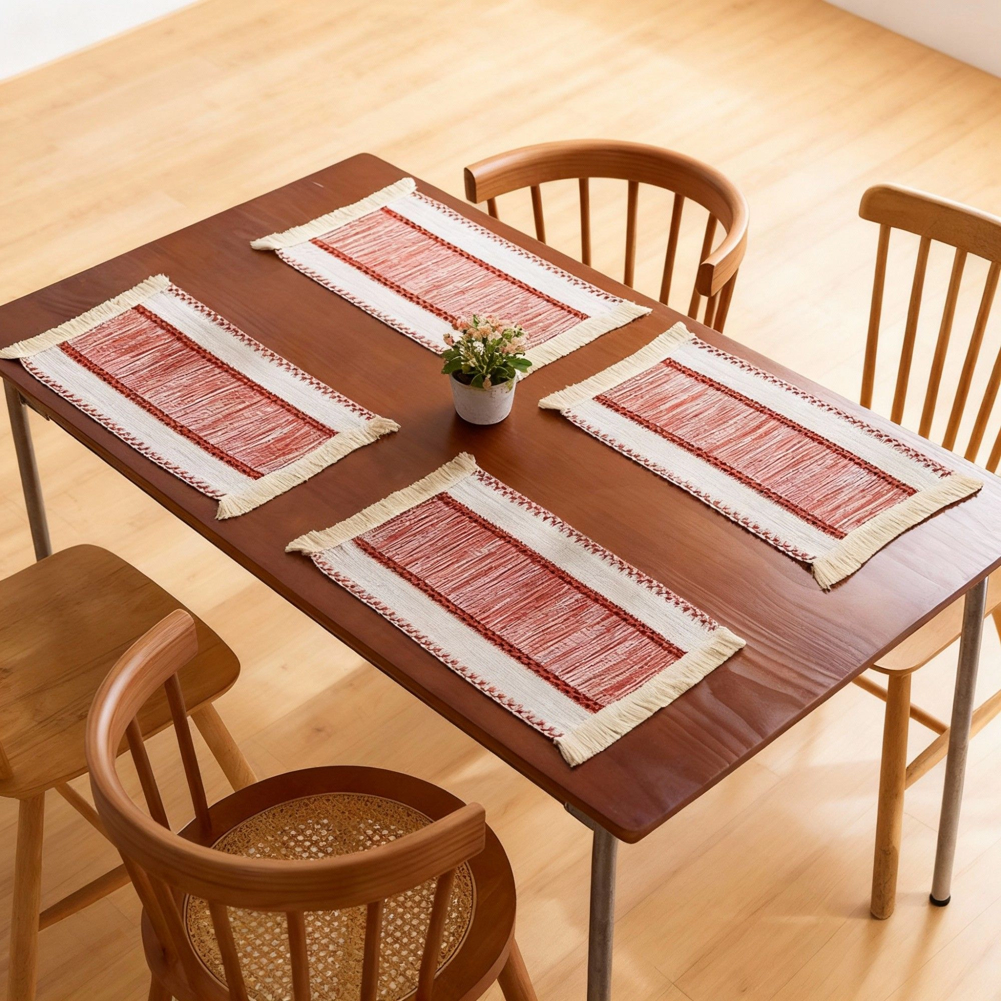Alilang Unisex 4-Piece Rectangular Woven Fringe Placemat with Textured Striped Pattern Design