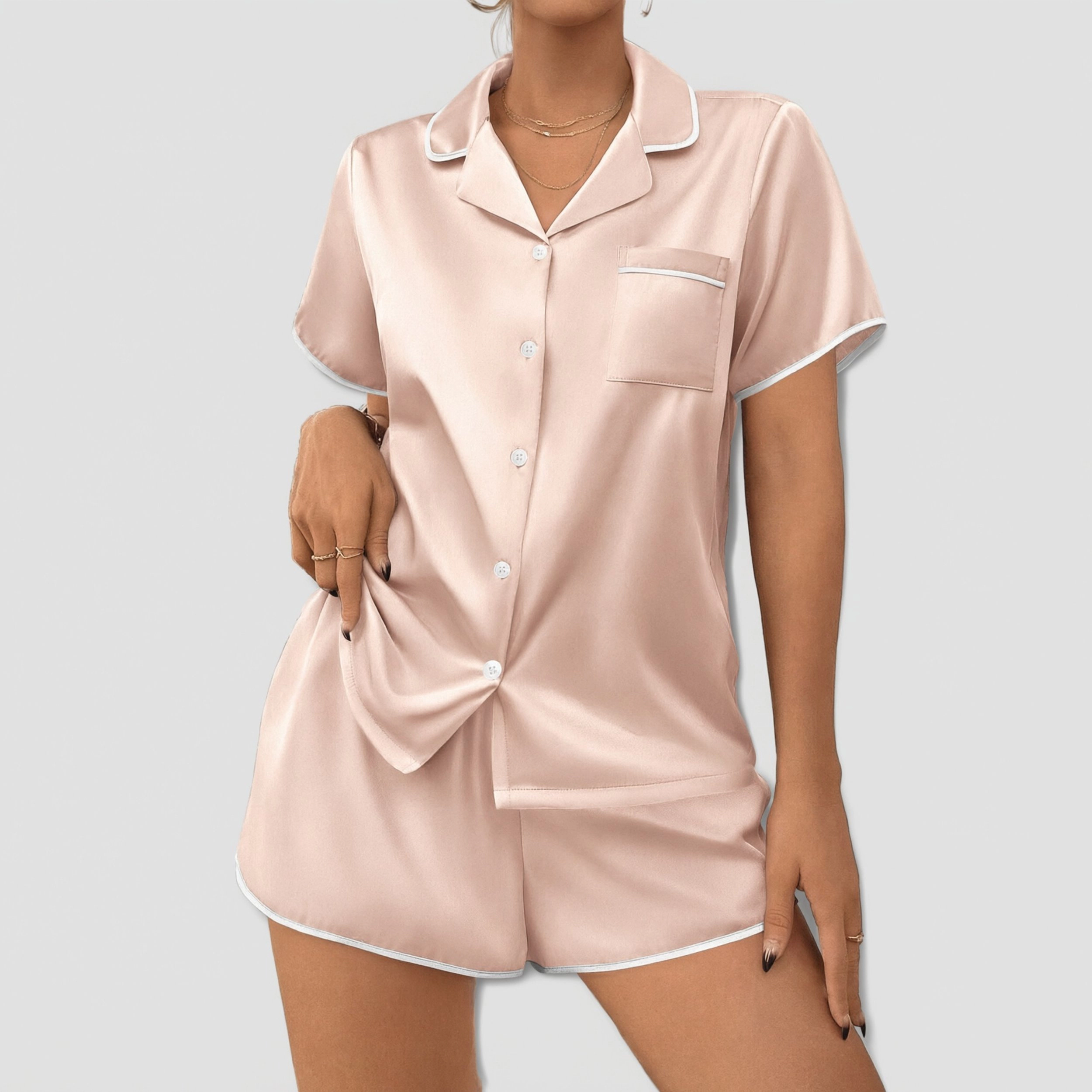Ekouaer Women's Silky Button Down Pajama Set with Short Sleeve Top and Shorts