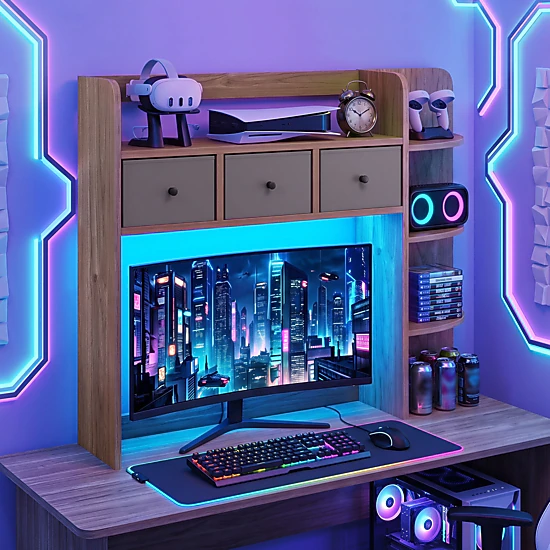 LJG Desktop Bookshelf with LED Lights 5-Tier Shelves and 3 Drawers for Home Officce