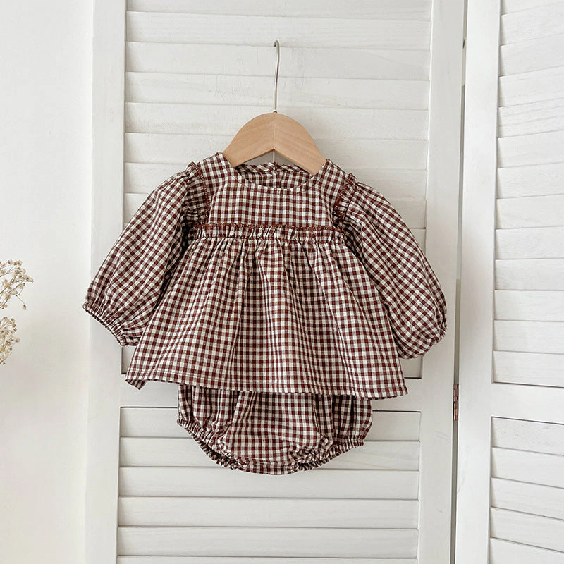 MyKids-USA Autumn Hot Selling Baby Girls Long Sleeves Plaid Top Dress And Bloomer Clothing Set