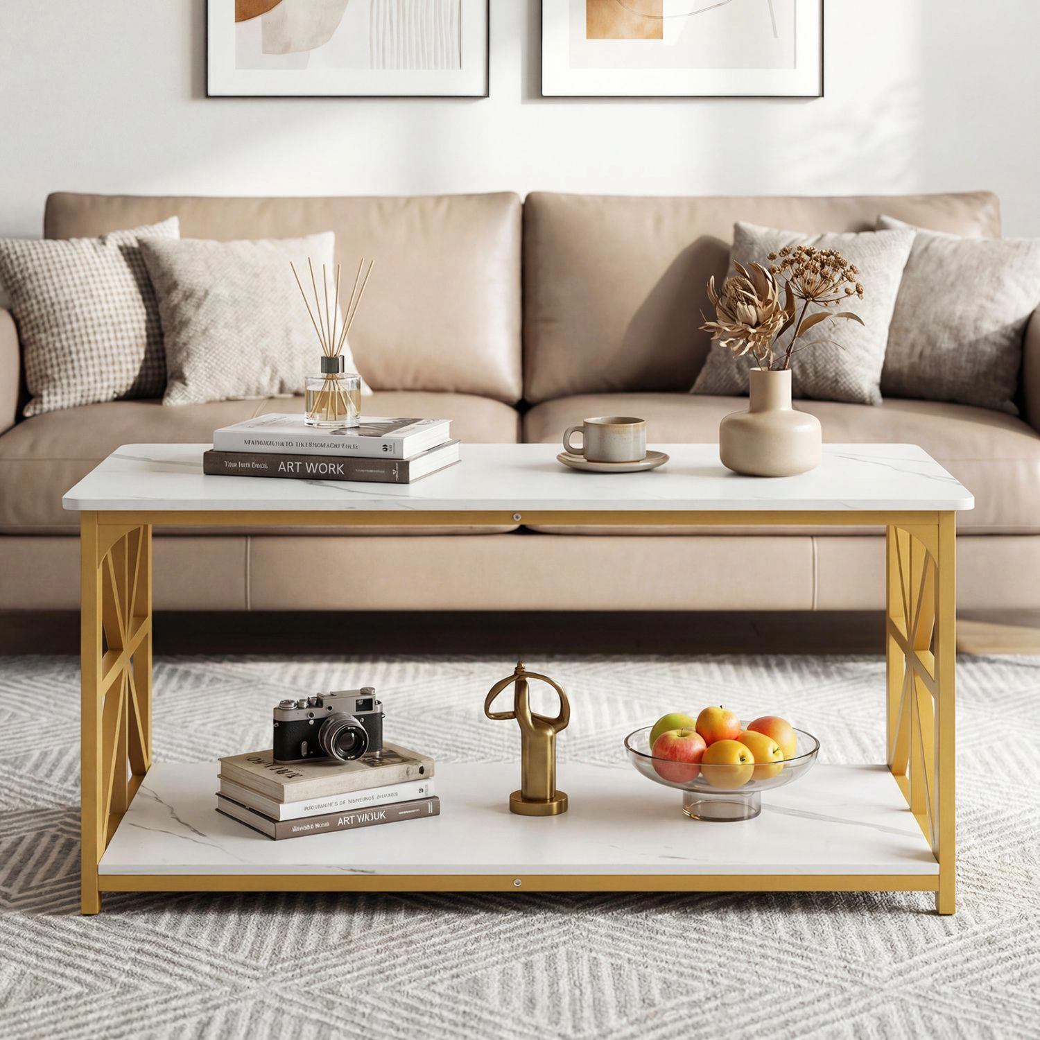 SlickBlue 2-Tier Coffee Table with X Frame Storage Shelf
