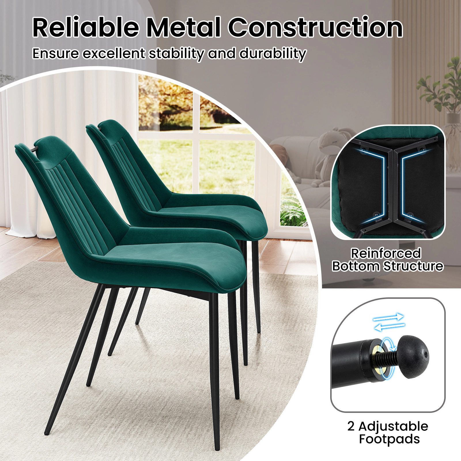 SUGIFT Set of 4 Turquoise Velvet Upholstered Dining Chairs with Black Metal Legs