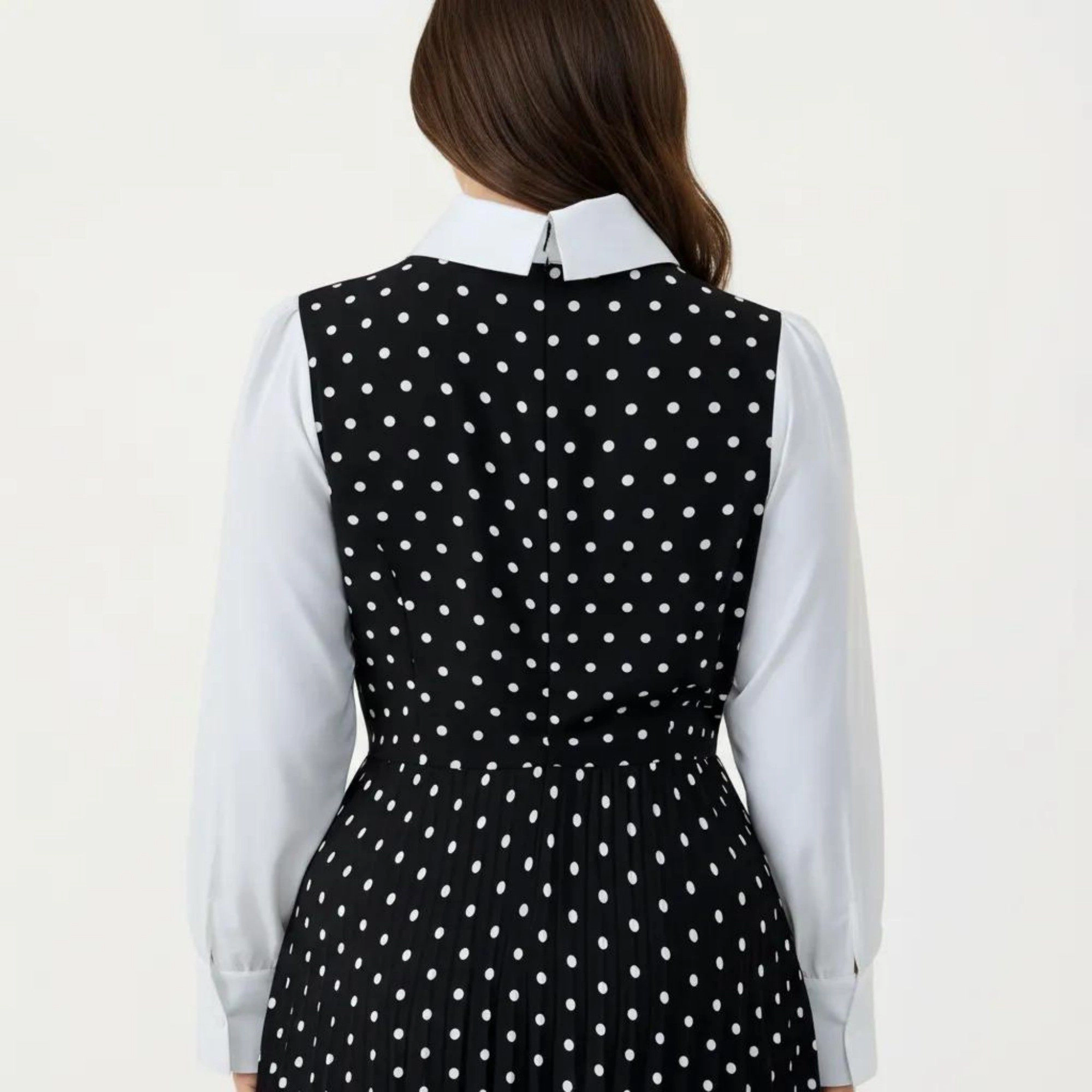 Anna-Kaci Women's Long Sleeve Polka Dot Collared Neck Contrast Detail Pleated Skirt Midi Dress