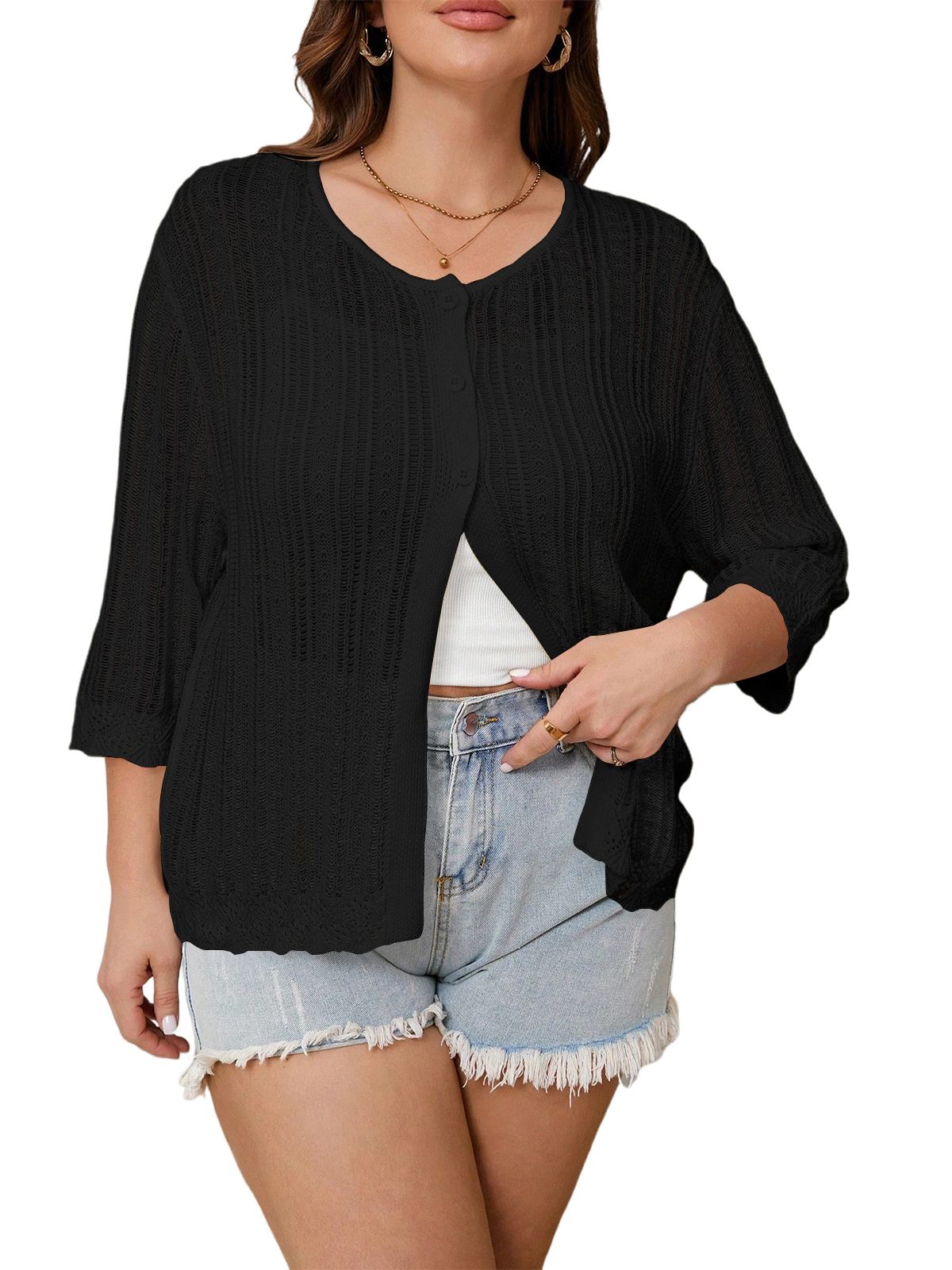 KOJOOIN Plus Cardigan Women's Crochet Knit 3/4 Sleeve Button Front Sweater Lightweight Beach Cover Up
