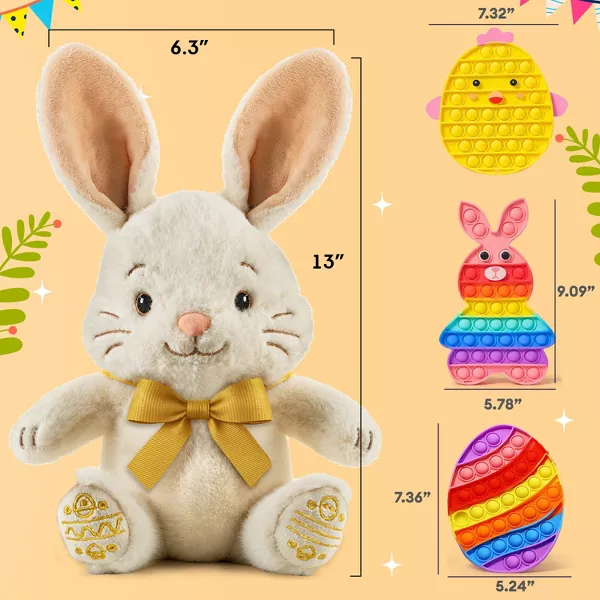 Sperric Easter Pop It & Plush Bunny Toy Set - Bunny, Chicken & Egg Bubble Pop Fidget Toys w/ 13" Baby Plush Bunny w/ Bow