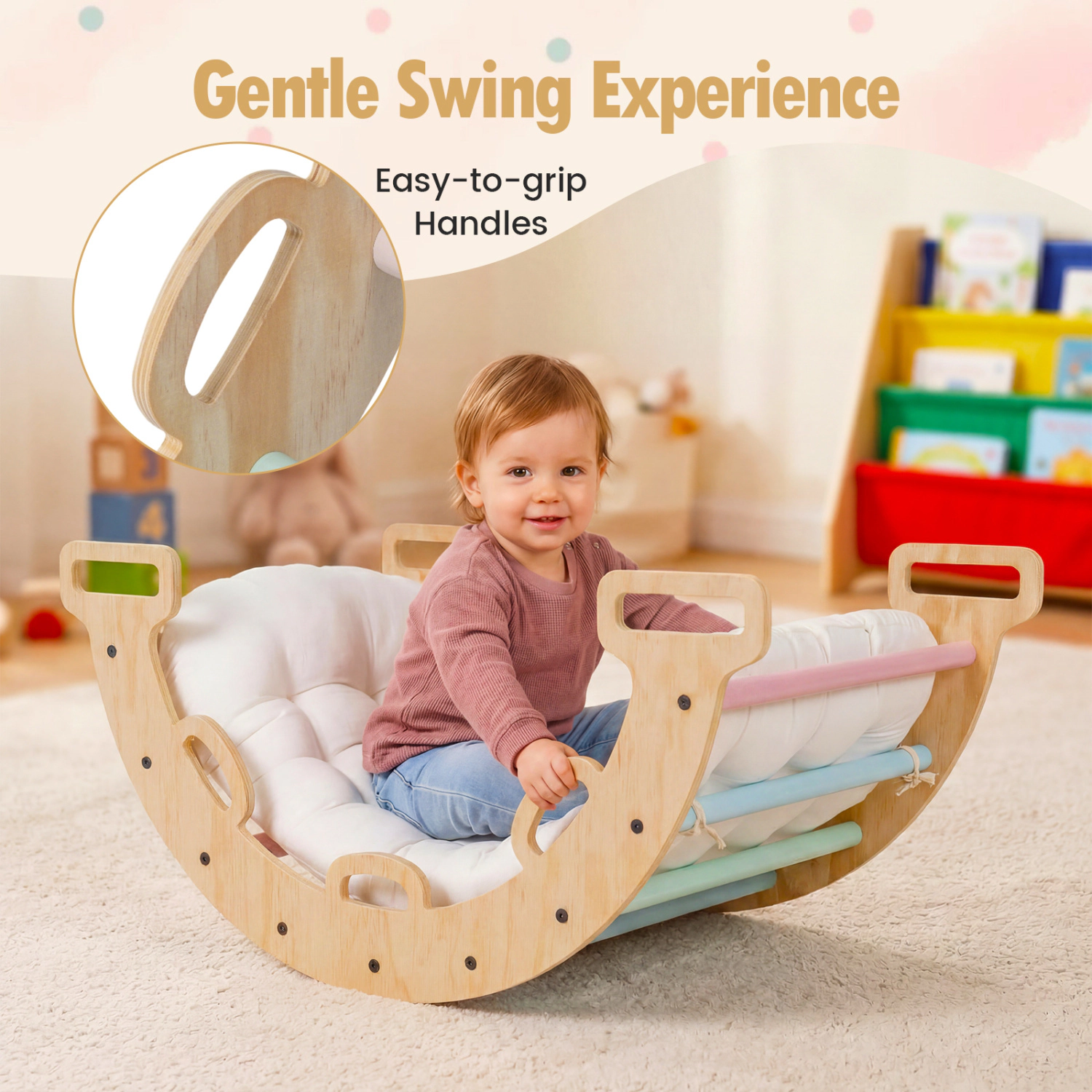 LJG Wooden Rocking Climbing Arch with Cushion -1 Montessori Kids Climber Rocker