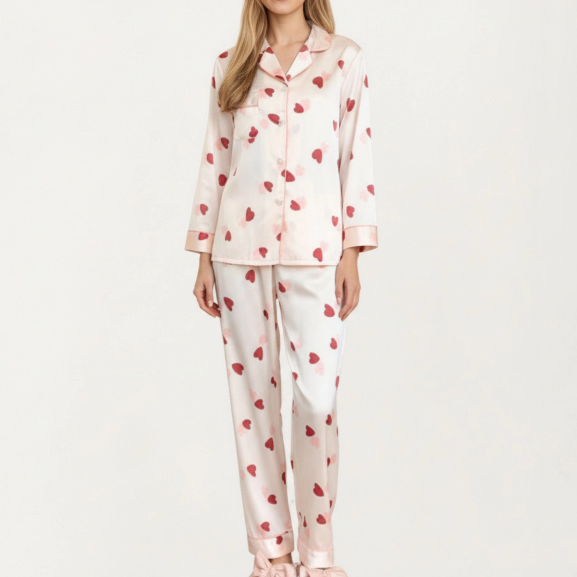 Anna-Kaci Women's 2-Piece Satin Valentine Heart Print Pajama Top Contrast Piping Matched Relaxed Straight Leg Pants
