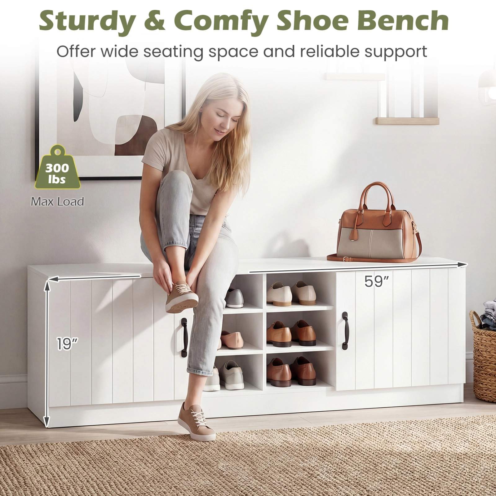SUGIFT 2-Door Engineered Wood Shoe Bench Storage Cabinet Adjustable Shelves 300-lb Top Capacity 59-in Wide Natural/White