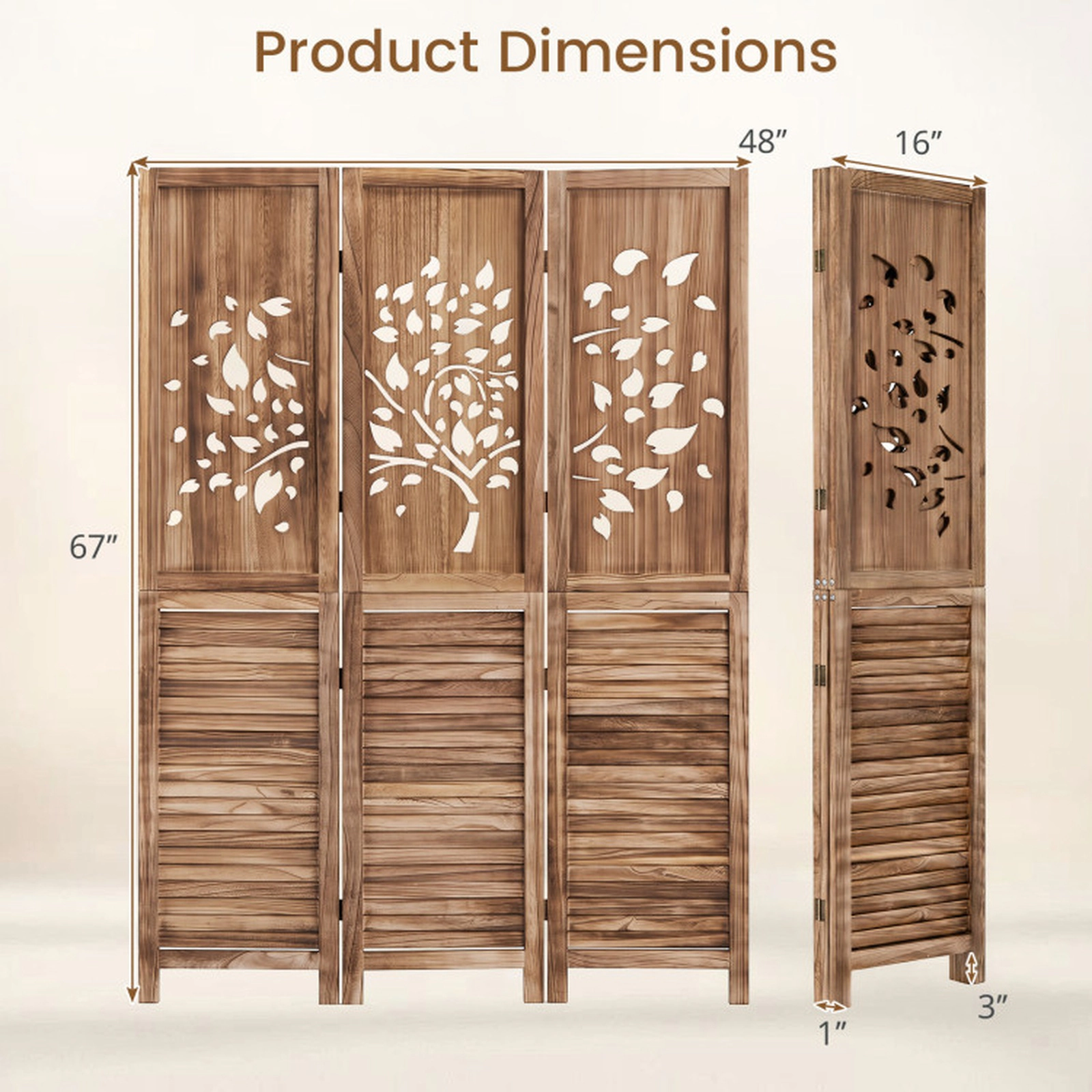 SUGIFT 3-Panel Tree Cutout Louvered Wood Folding Room Divider 47.5-in x 67-in 15.5-in Folded 15.5-lb Rustic Brown