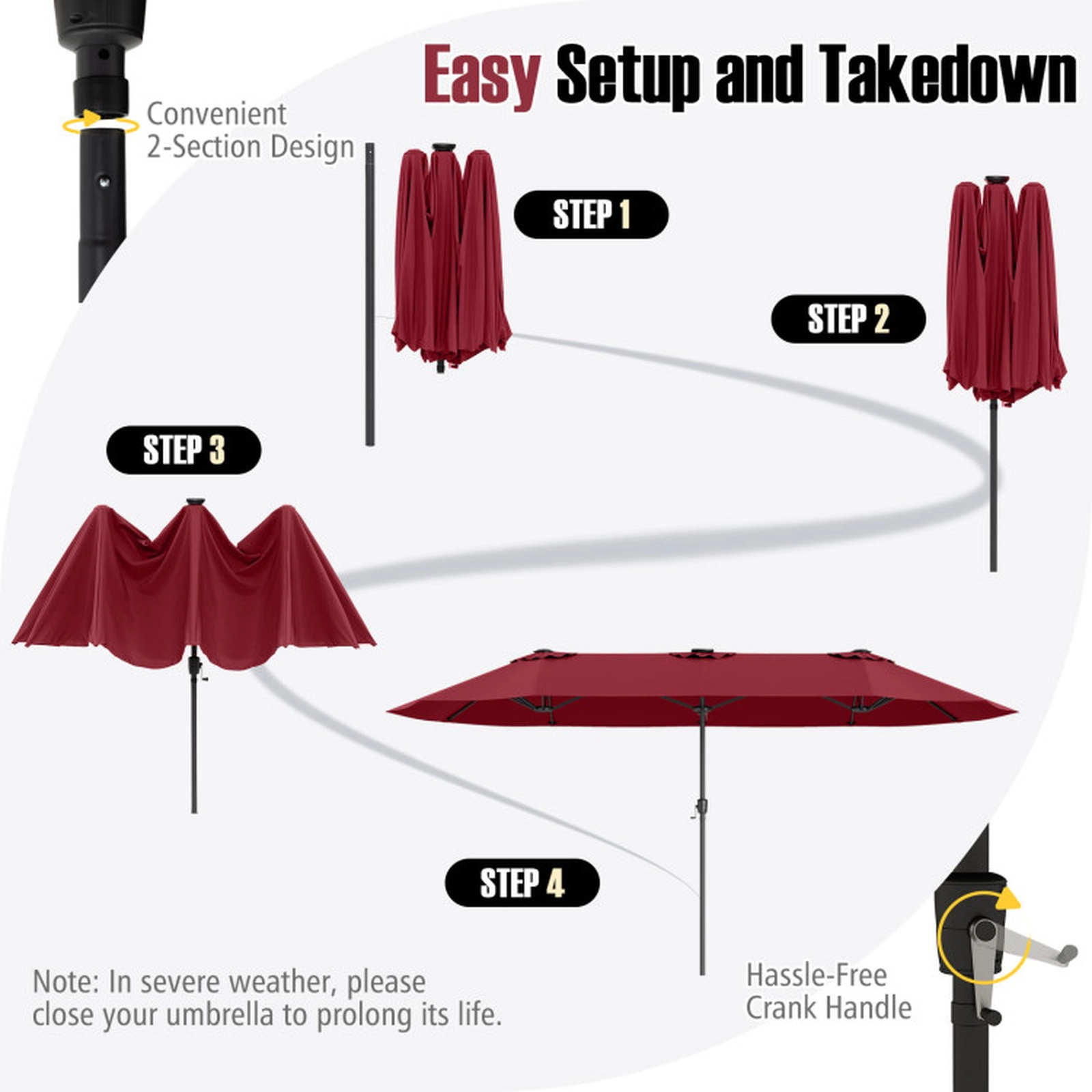 SUGIFT 15.5-ft Extra-Large Double-Sided Patio Umbrella with LED Solar Lights Crank Handle 30-lb Net Weight 1-Pc Red