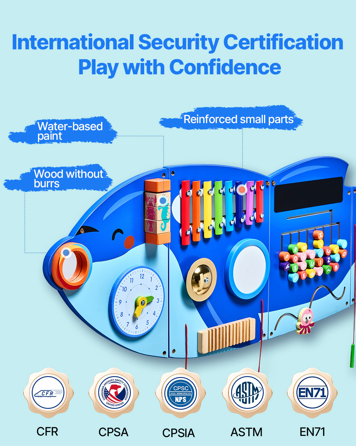 HONGGE Orca Wall Busy Board with 12 Activities, Montessori Sensory Learning Panel for Kids Ages 3 to 12