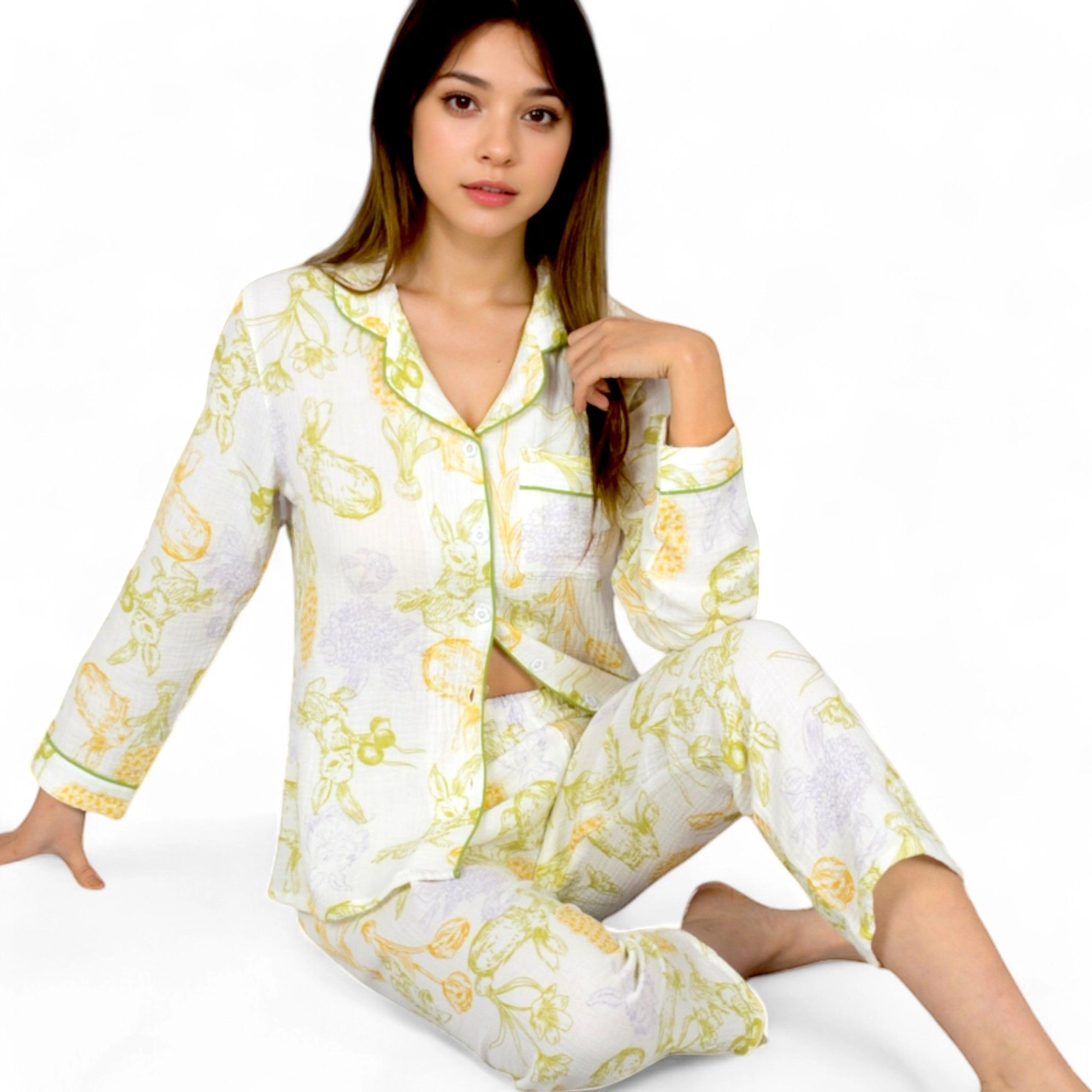 Anna-Kaci Women's Printed Gauze Pajama Set with Button Up Shirt and Relaxed Fit Pants