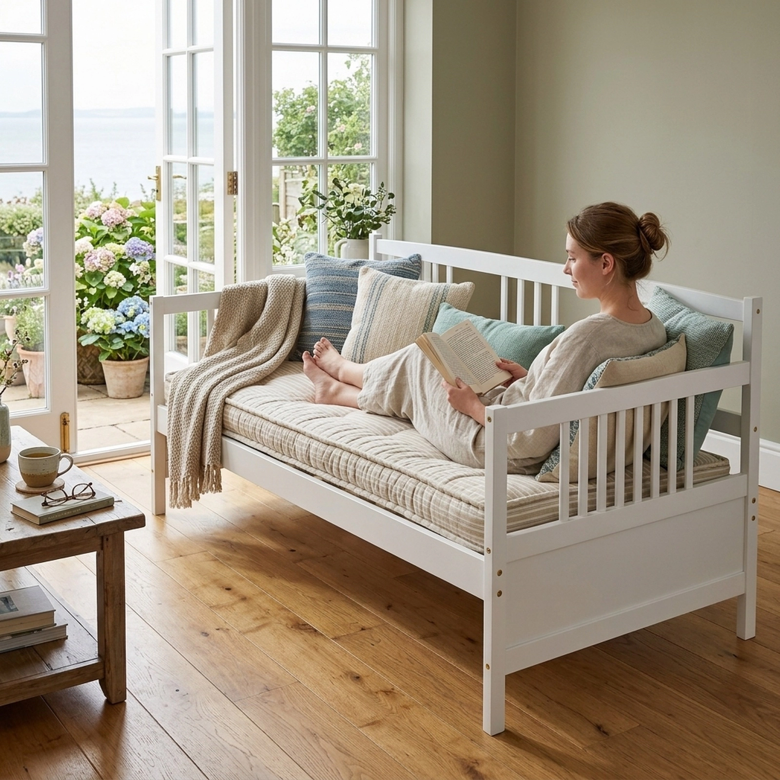 SUGIFT Twin Wooden Daybed Frame, White, 3 Rails, 10 Slats, No Box Spring Required