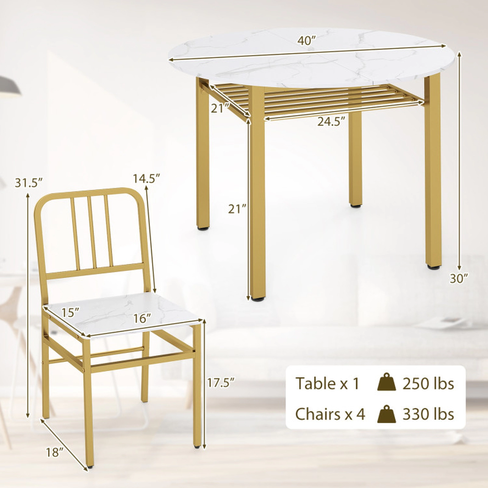 SUGIFT 5-Piece Round Dining Set with Storage Shelf 250-lb Table Capacity 330-lb Chair Capacity White + Gold
